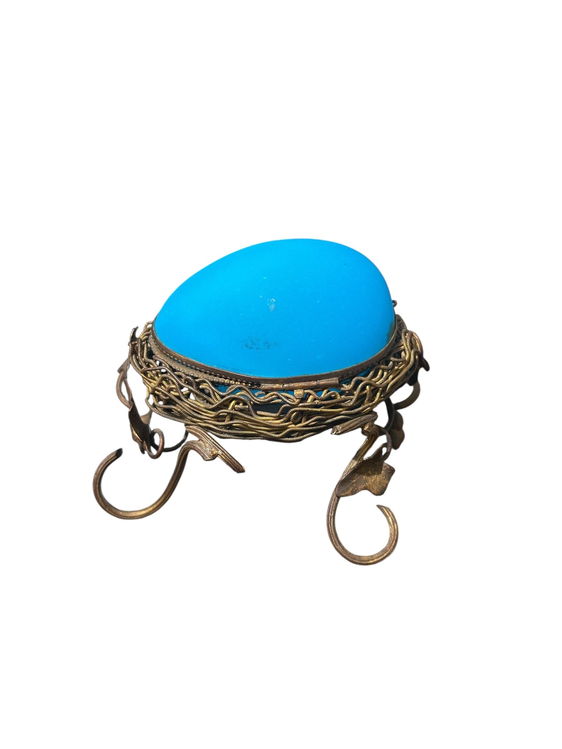 Antique French Ormolu Mounted Blue Opaline Egg Form Covered Box For Sale 4
