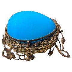 Antique French Ormolu Mounted Blue Opaline Egg Form Covered Box