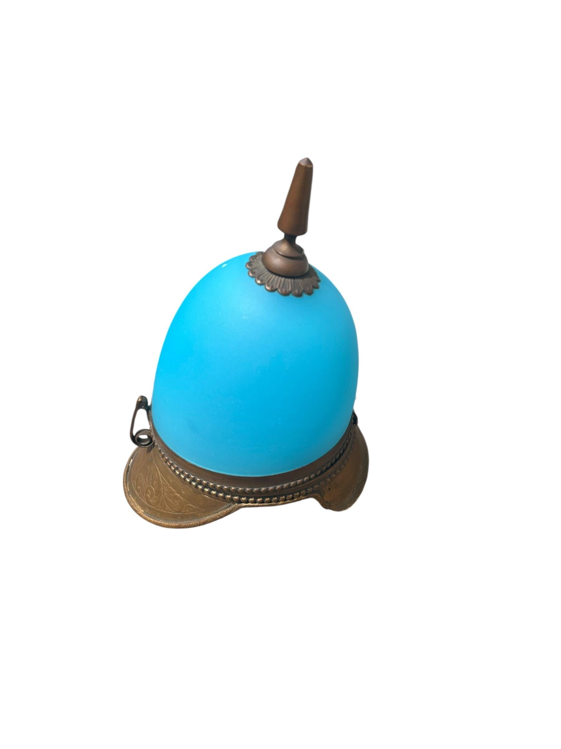 Antique French Ormolu Mounted Blue Opaline Helmet Form Covered Box For Sale 5