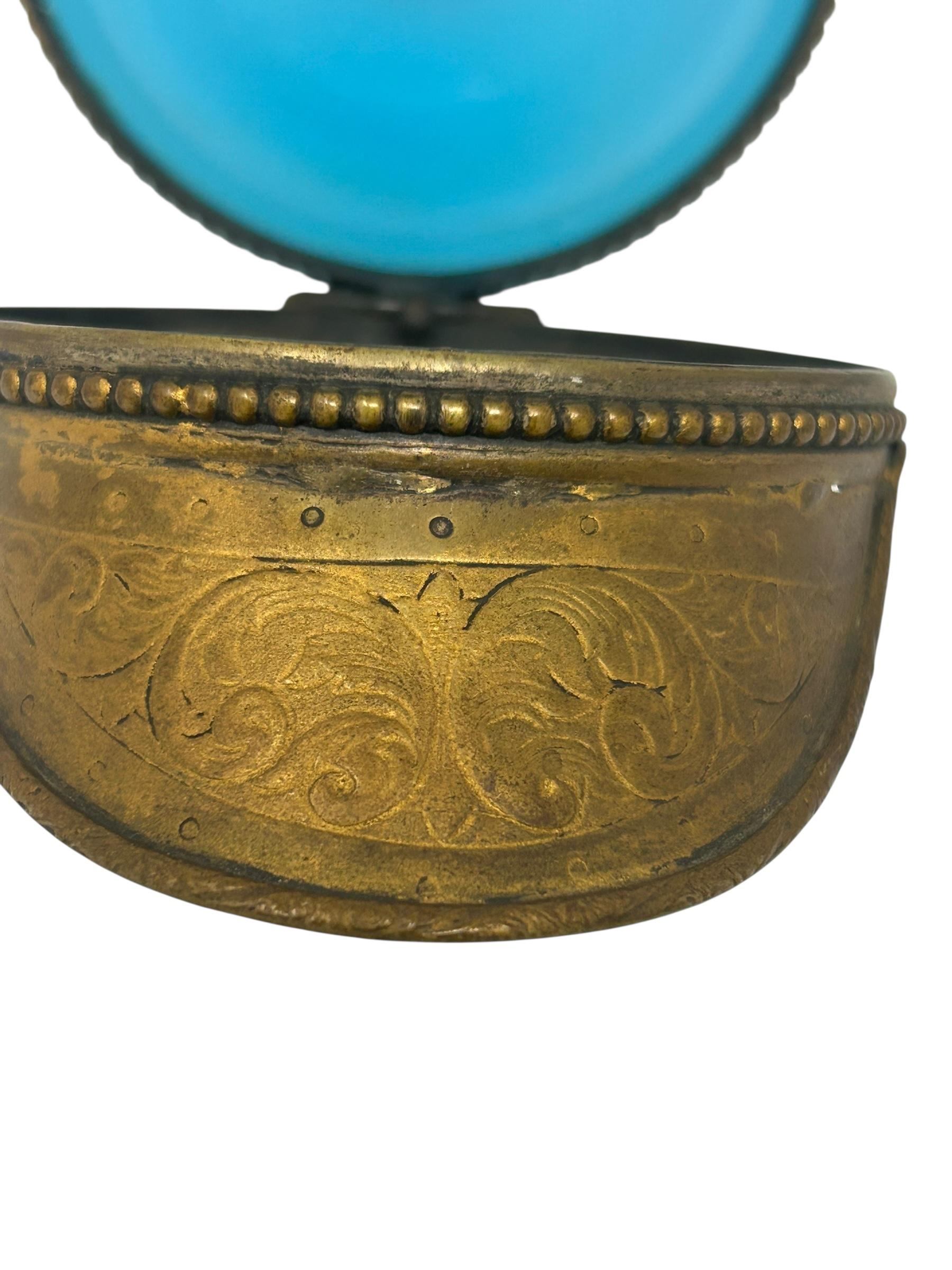 Antique French Ormolu Mounted Blue Opaline Helmet Form Covered Box. The helmet design is reminiscent of the type worn by the French Legionnaire in the 19th century. The bronze mounts shows wear to the gilt.