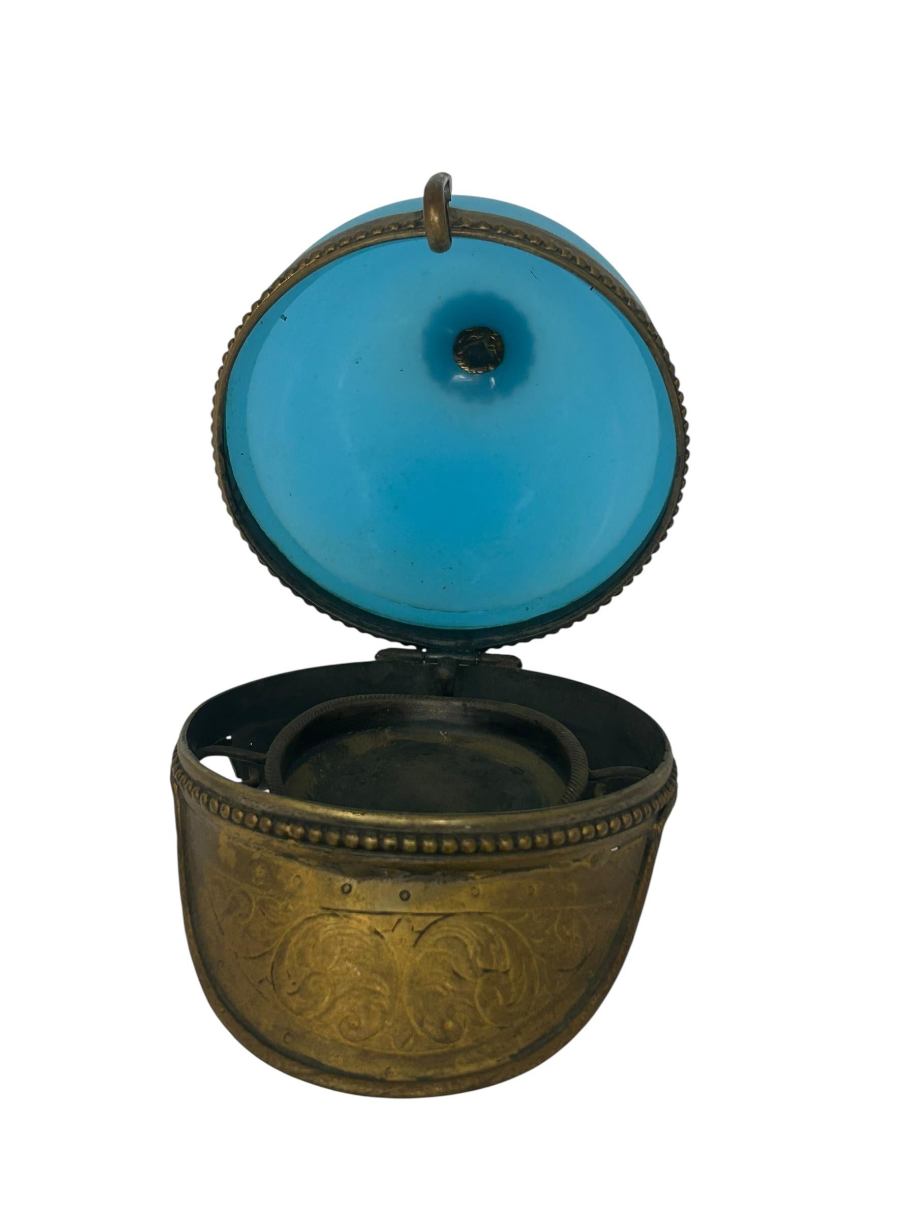 Antique French Ormolu Mounted Blue Opaline Helmet Form Covered Box In Good Condition For Sale In Chapel Hill, NC