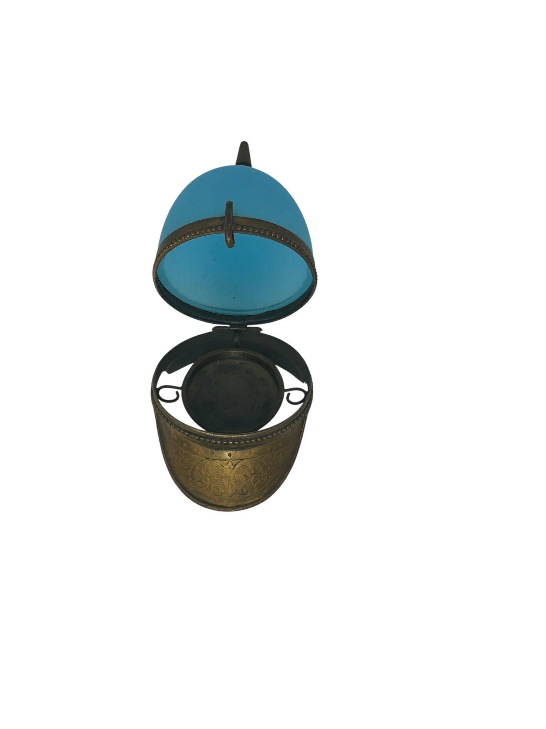 Early 20th Century Antique French Ormolu Mounted Blue Opaline Helmet Form Covered Box For Sale