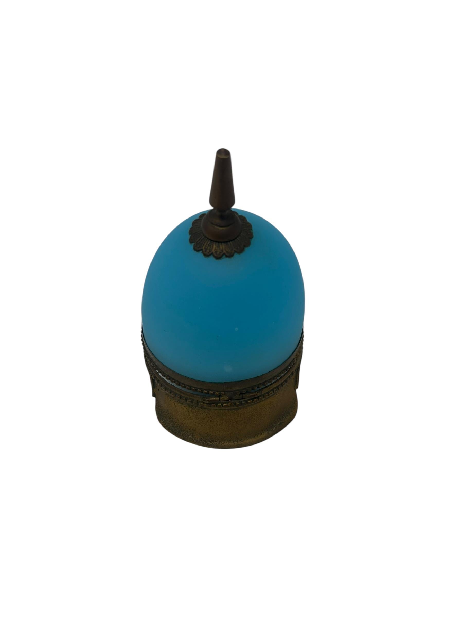 Opaline Glass Antique French Ormolu Mounted Blue Opaline Helmet Form Covered Box For Sale