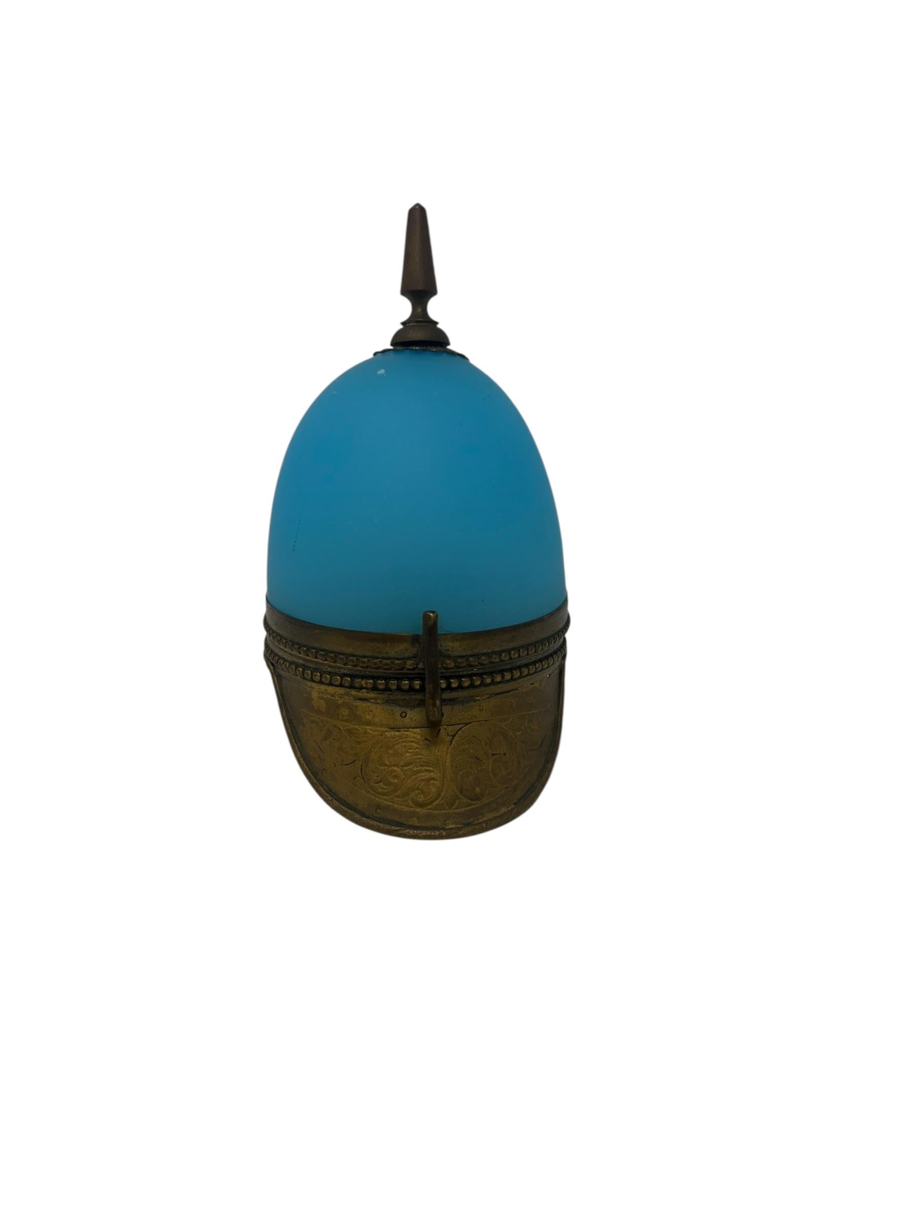 Antique French Ormolu Mounted Blue Opaline Helmet Form Covered Box For Sale 2