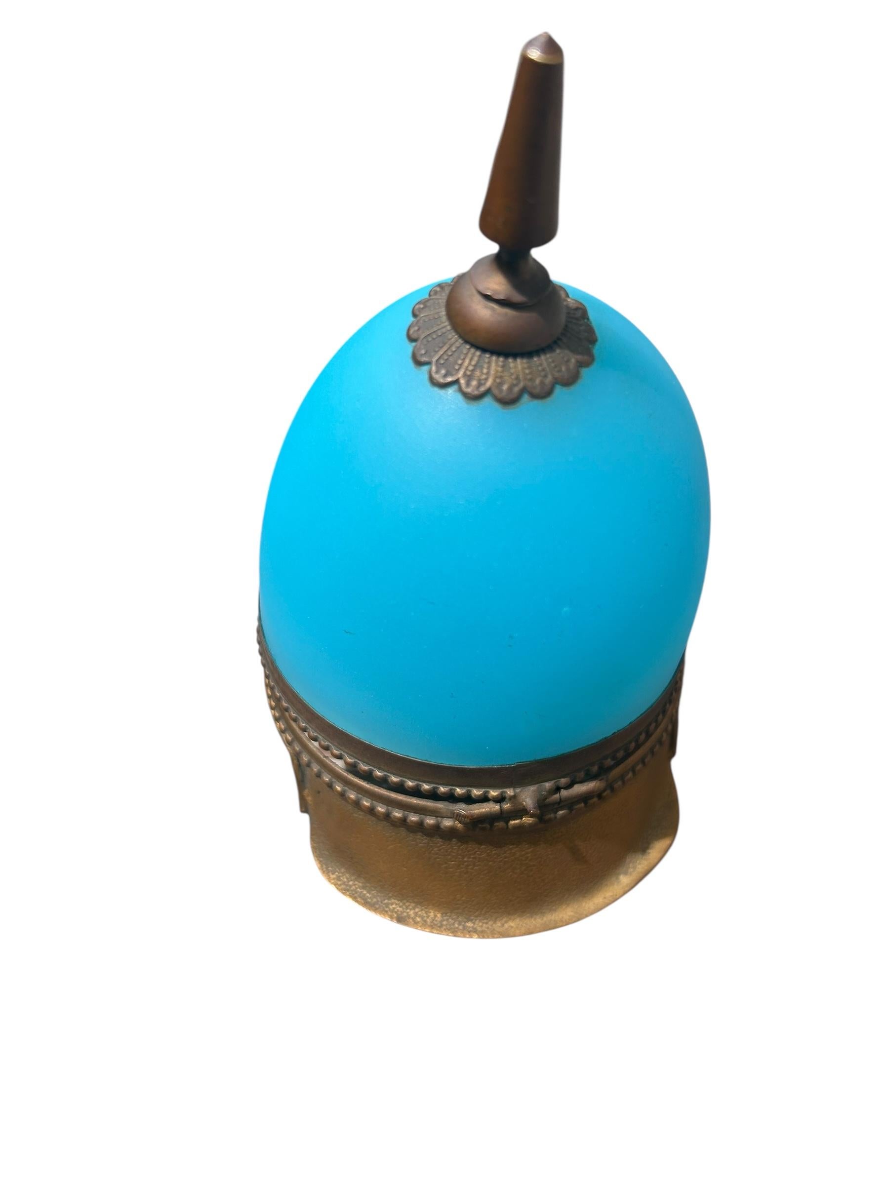 Antique French Ormolu Mounted Blue Opaline Helmet Form Covered Box For Sale 4