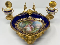 Antique French Ormolu Mounted Blue "Sevres" Porcelain Inkwell, Circa 1860-1880.