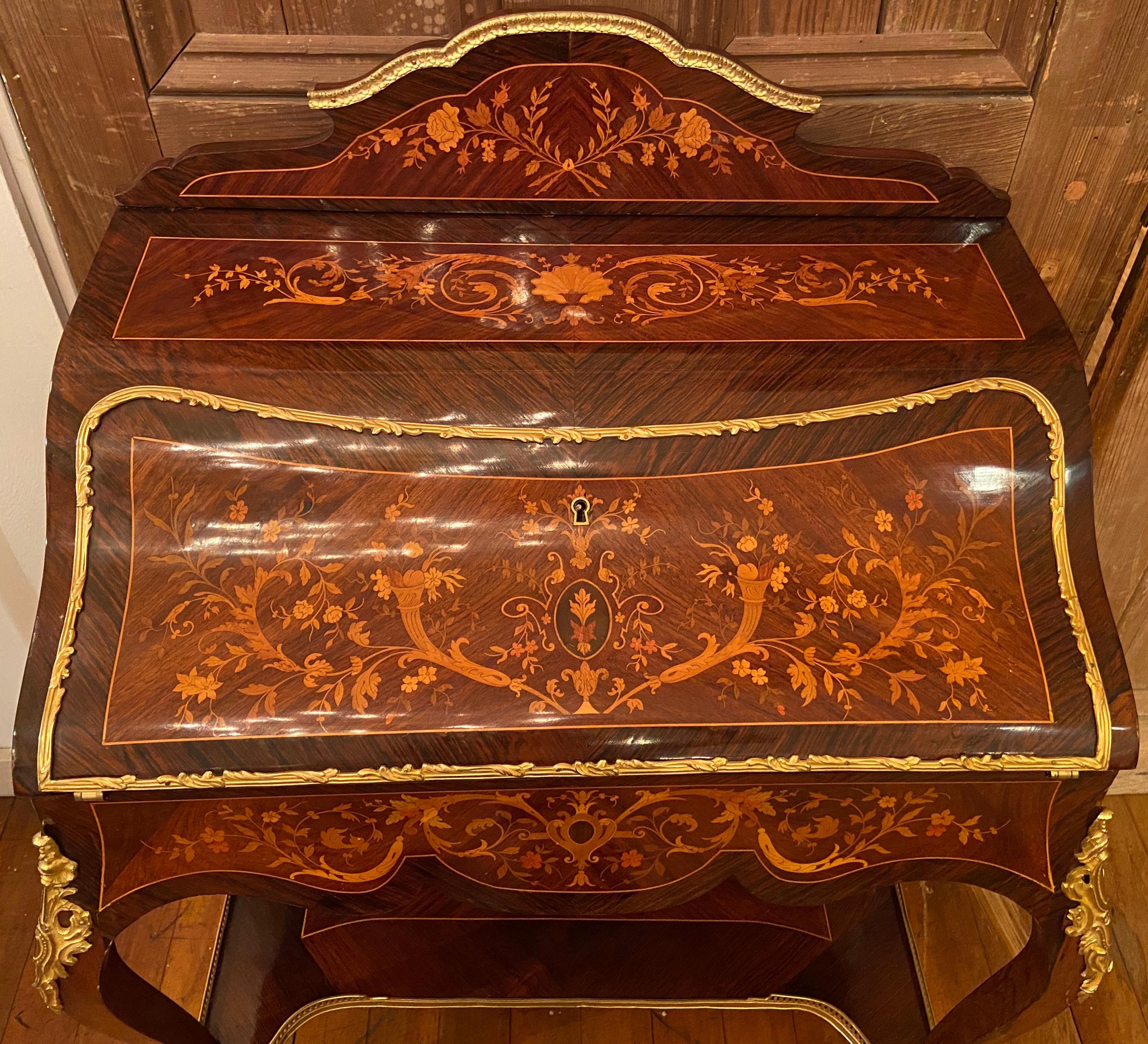 Antique French Ormolu Mounted Kingwood with Inlay Slant-Front Writing Desk, Circa 1880.