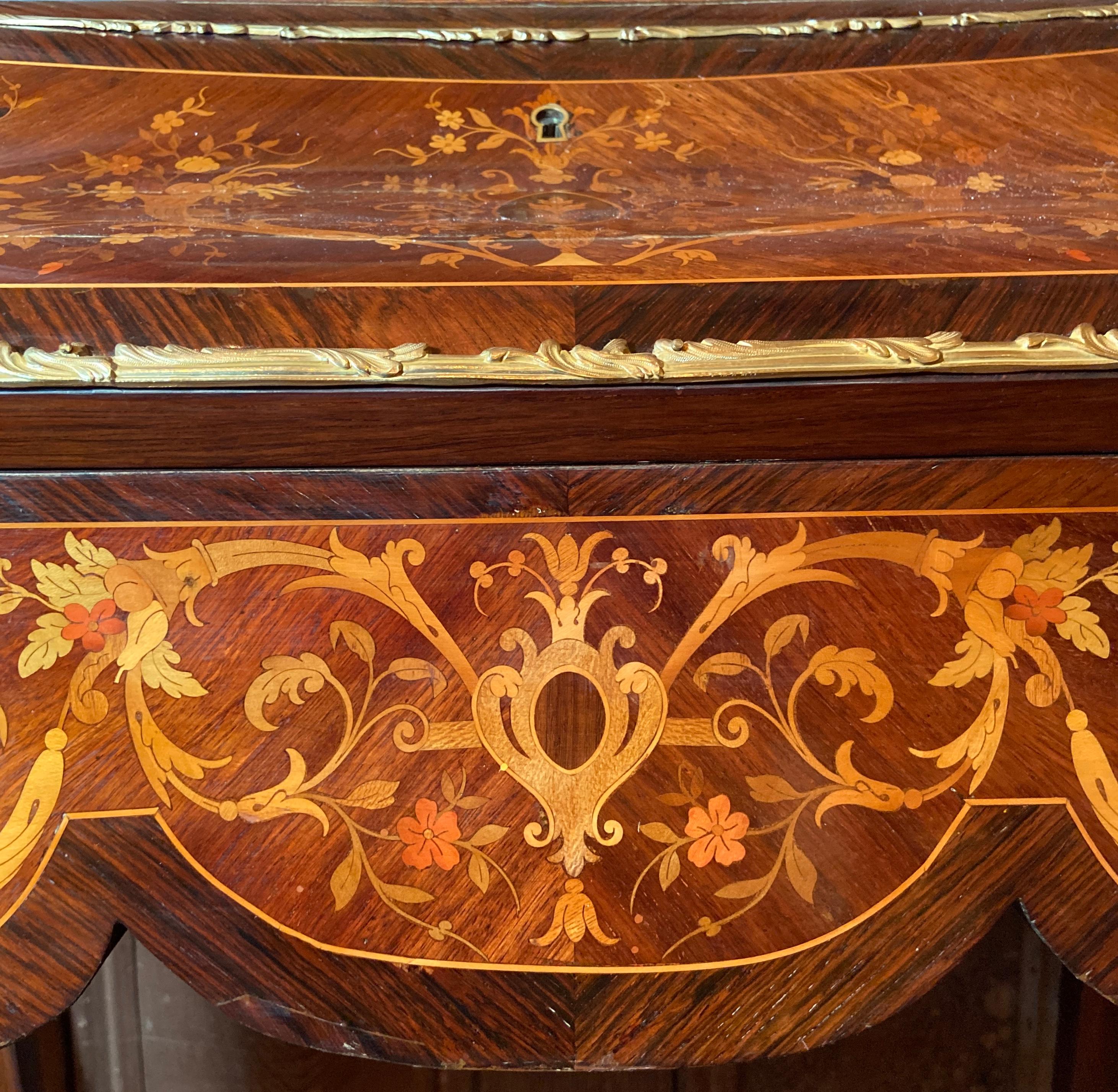 19th Century Antique French Ormolu Mounted Kingwood & Inlay Slant-Front Writing Desk Ca. 1880 For Sale