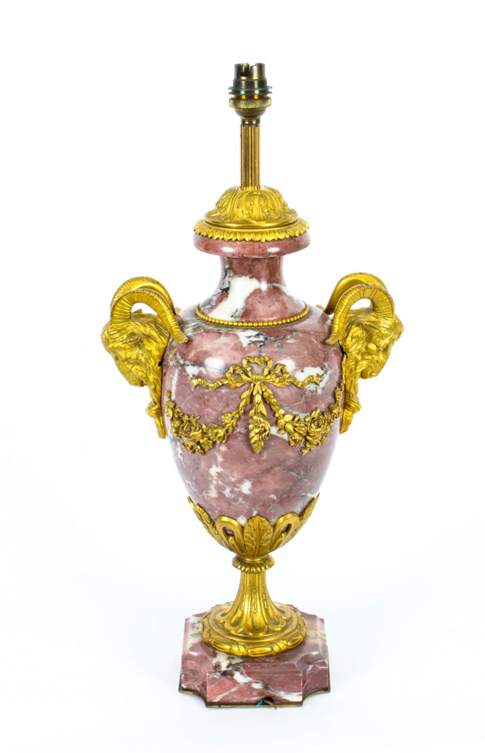 A beautiful French pink marble and ormolu mounted table lamp, C1920 in date.

This beautiful ormolu mounted mable table lamp is decorated with superb ormolu floral garlands with rams head mounts on a shaped base.

Provenance:
From the
