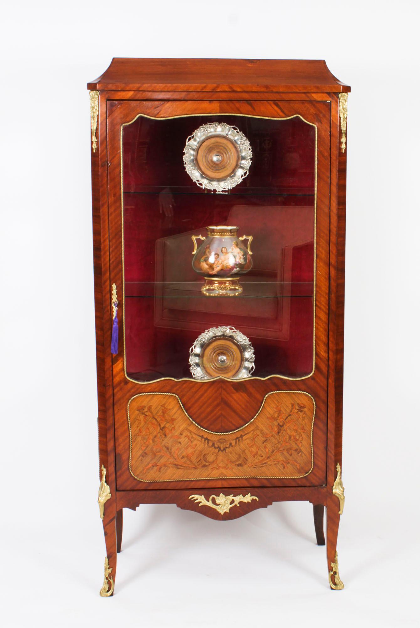 Revival Antique French Ormolu Mounted Walnut Display Cabinet Circa 1920 For Sale