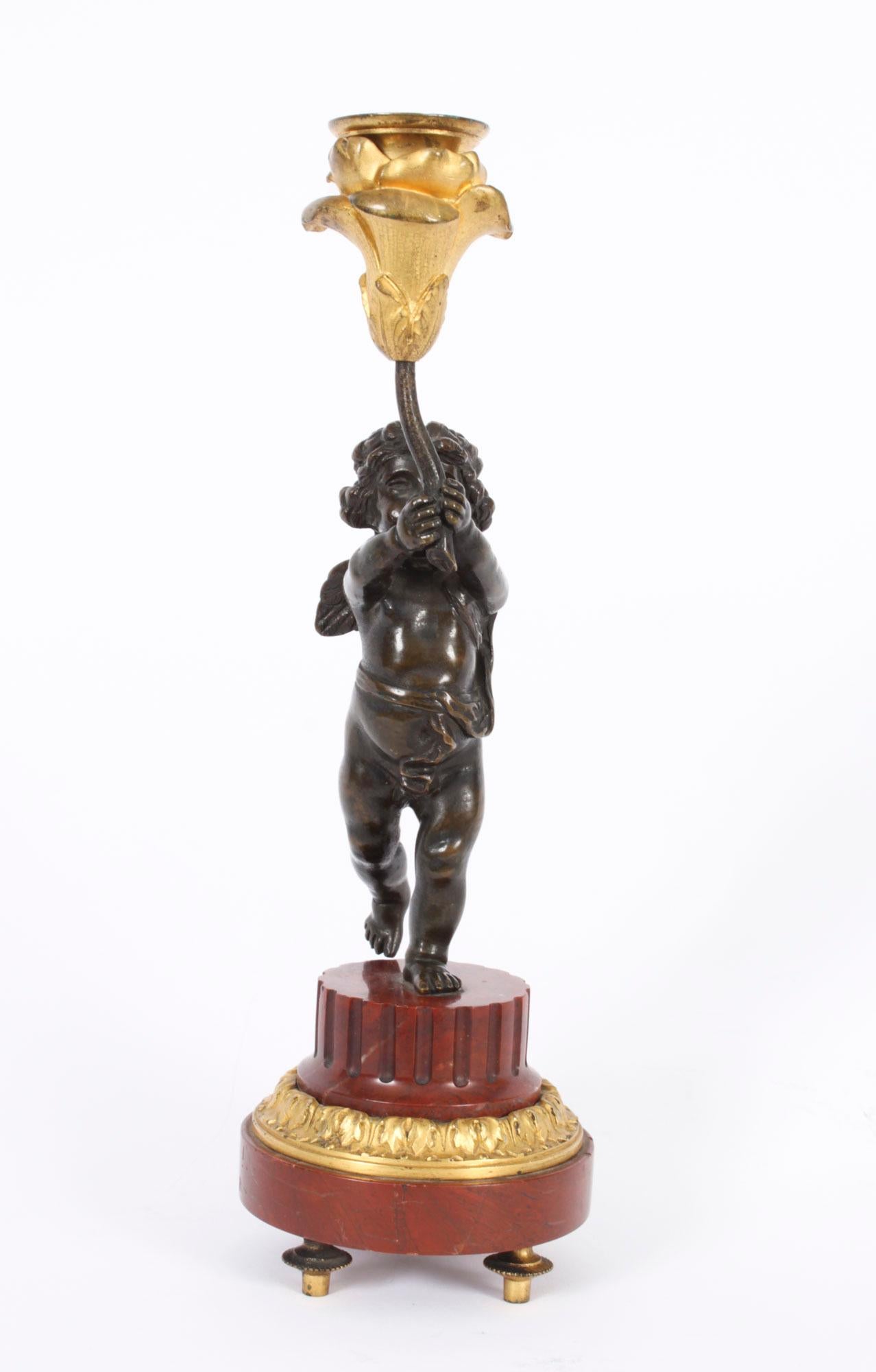 A magnificent antique French ormolu and patinated bronze cherub candle stick, C1850 in date.

The stunning patinated bronze  cherub holding a gilded tulip candle stick above his head.

Raised on an elaborately carved circular red marble stepped base