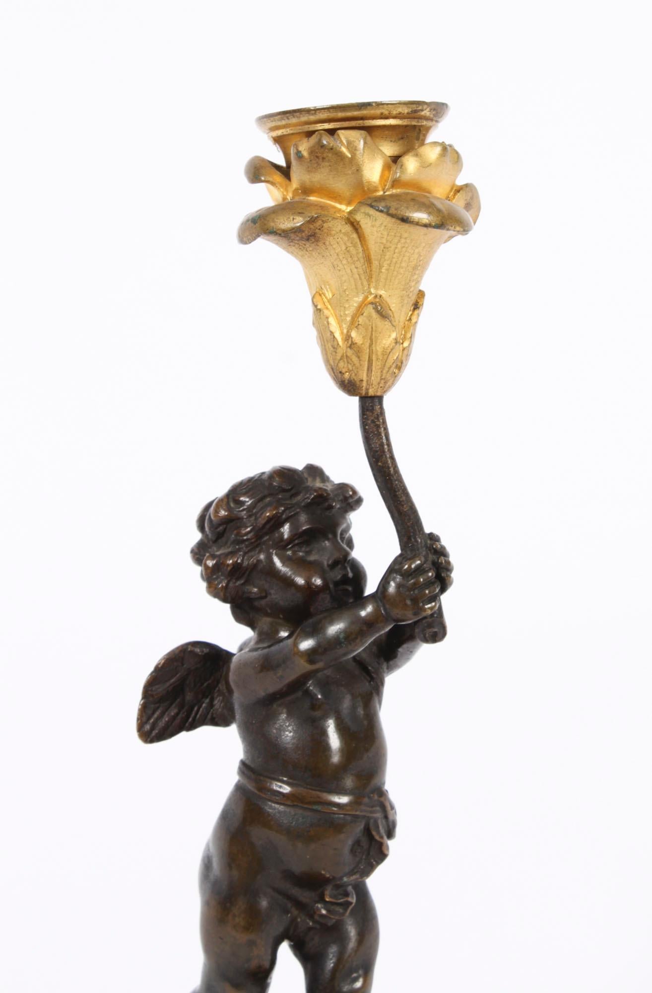Antique French Ormolu & Patinated Bronze Cherub Candle Stick 19th Century In Good Condition In London, GB