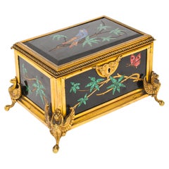 Coffret à bijoux français ancien en bronze doré et pierre de Pietra Dura du 19ème siècle