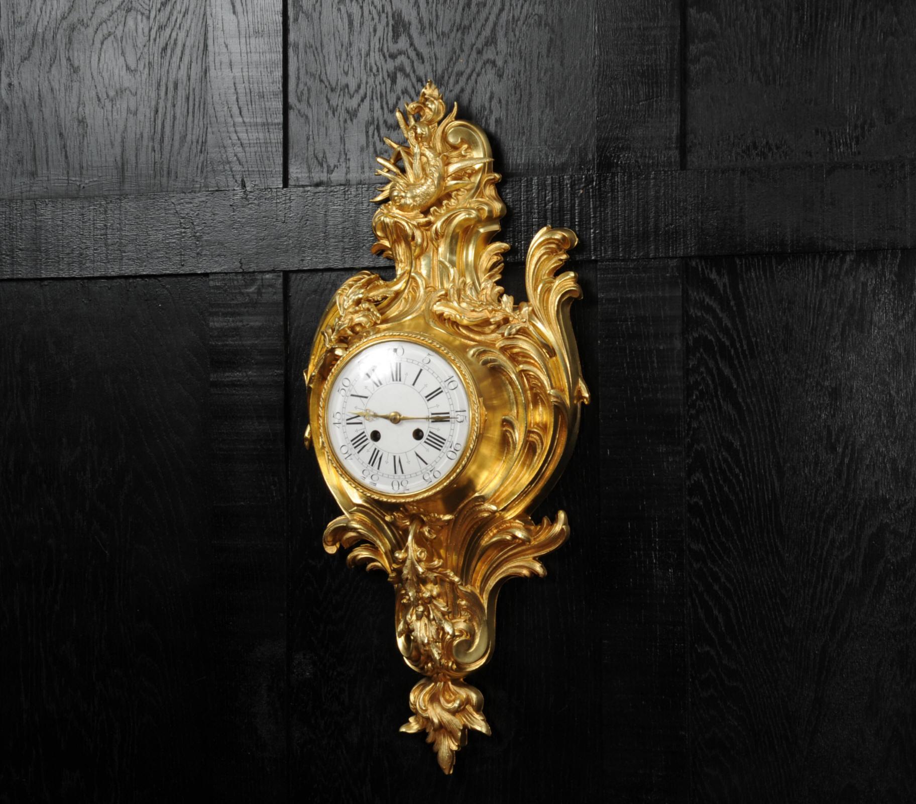 Gilt Antique French Ormolu Rococo Cartel Wall Clock, Dolphin