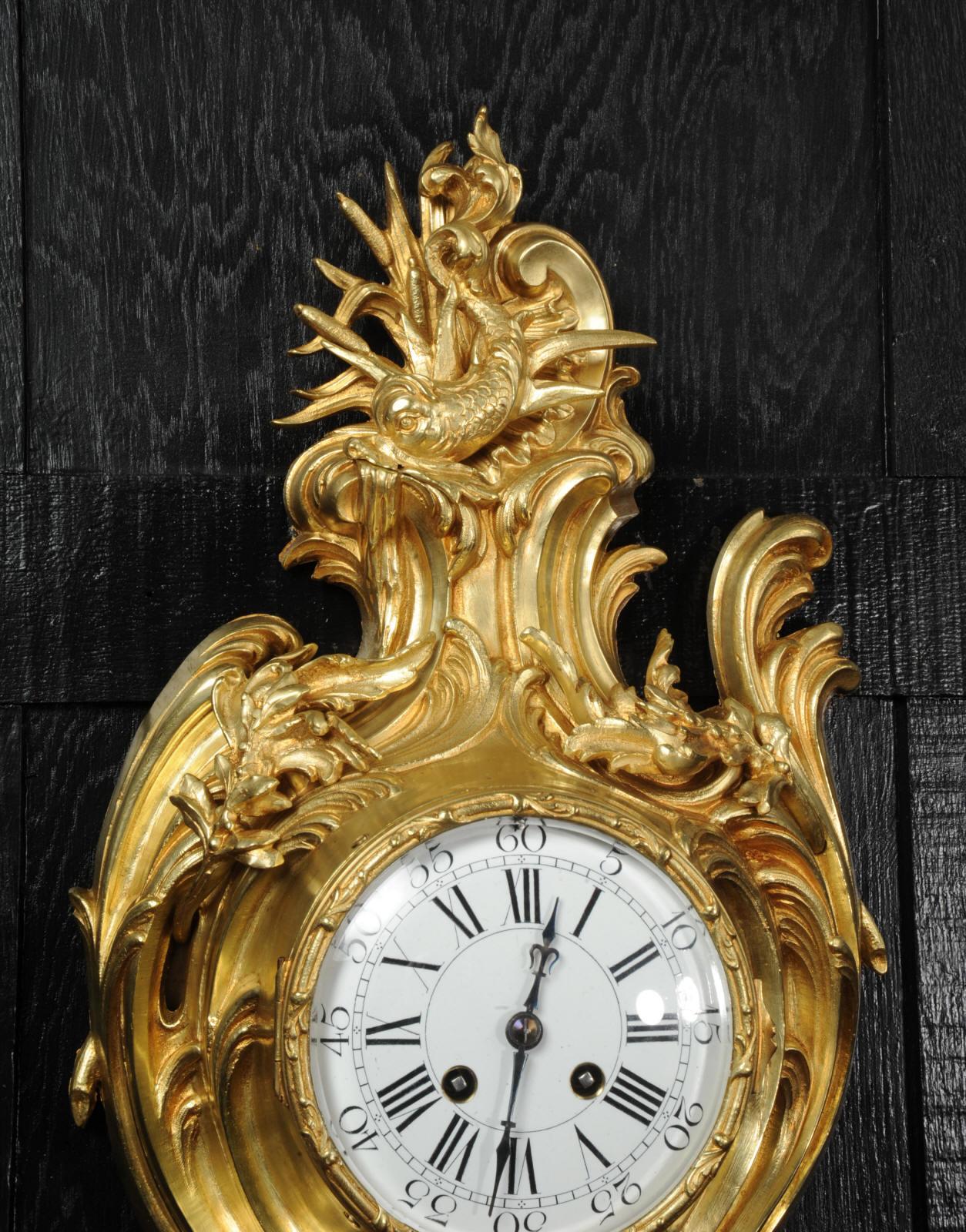Gilt Antique French Ormolu Rococo Cartel Wall Clock - Dolphin For Sale