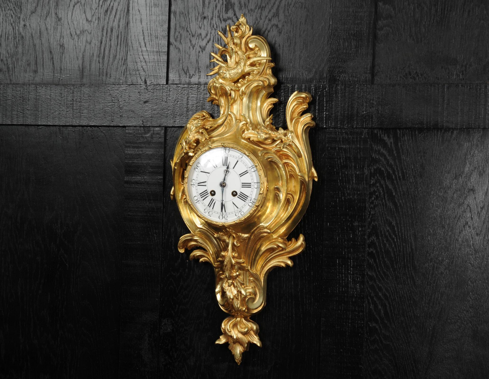 Antique French Ormolu Rococo Cartel Wall Clock - Dolphin In Good Condition For Sale In Belper, Derbyshire