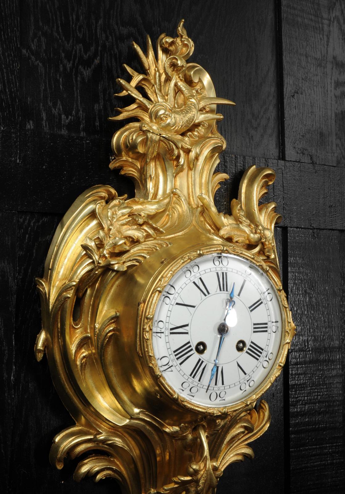 19th Century Antique French Ormolu Rococo Cartel Wall Clock - Dolphin For Sale