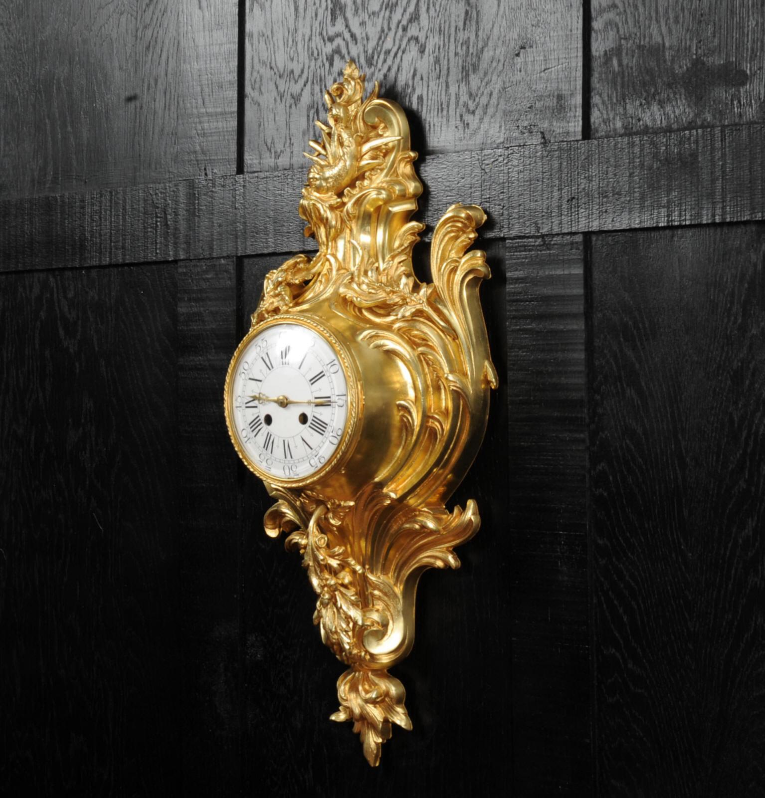 Bronze Antique French Ormolu Rococo Cartel Wall Clock, Dolphin