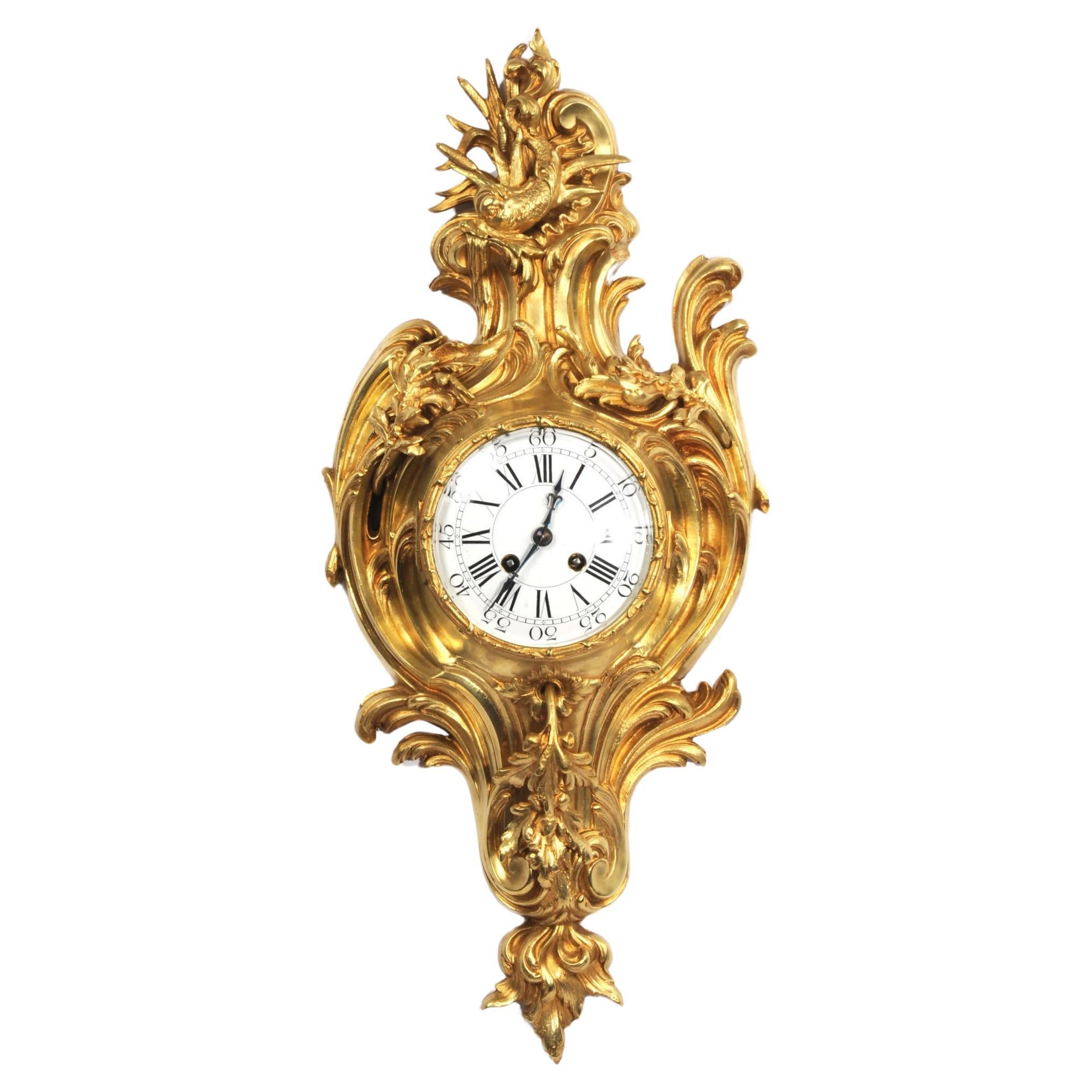 Antique French Ormolu Rococo Cartel Wall Clock - Dolphin For Sale