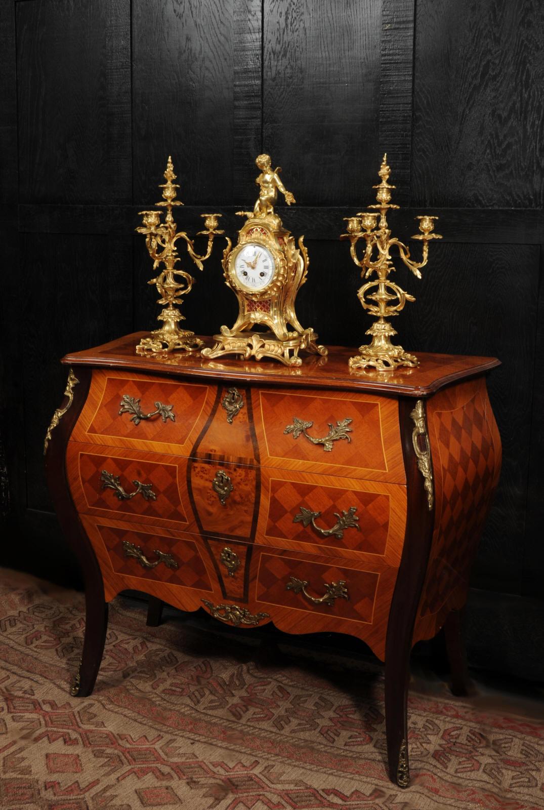 Antique French Ormolu Rococo Clock Set - Cupid For Sale 6