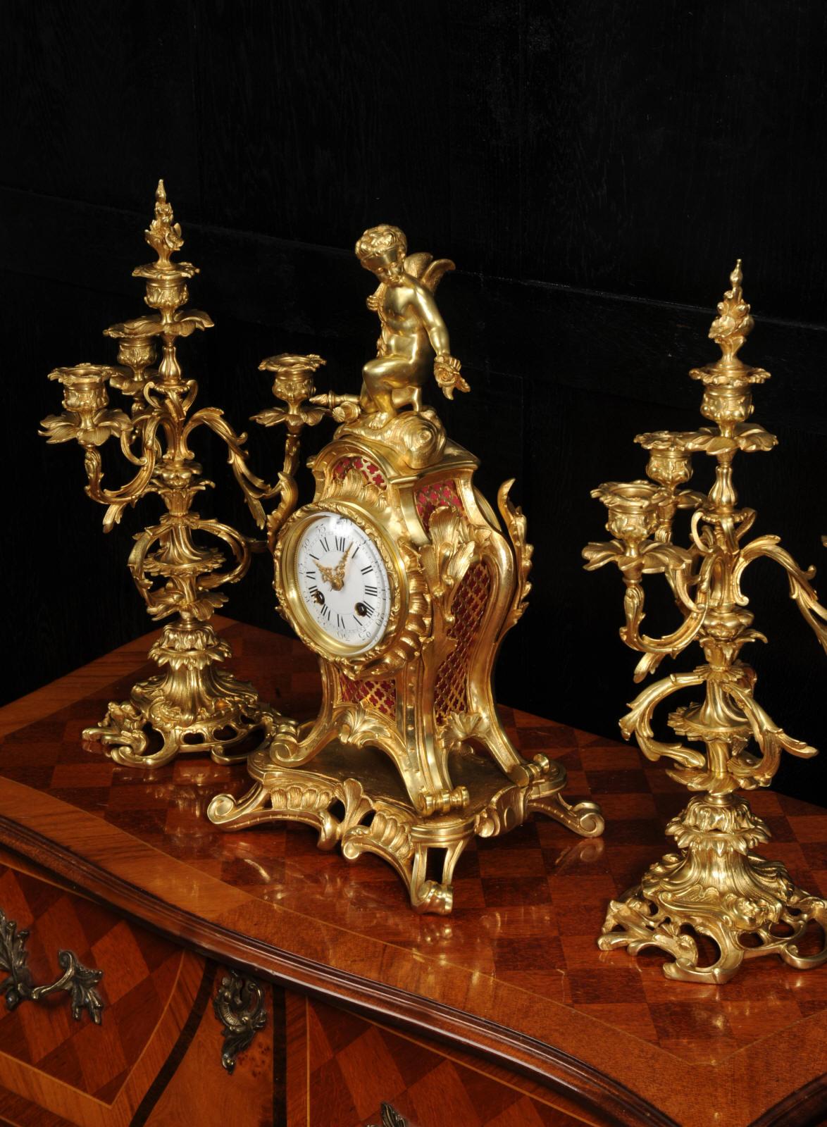 Antique French Ormolu Rococo Clock Set - Cupid For Sale 7