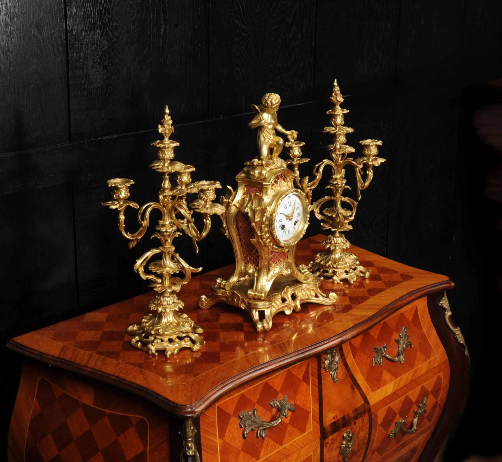 Antique French Ormolu Rococo Clock Set - Cupid For Sale 8