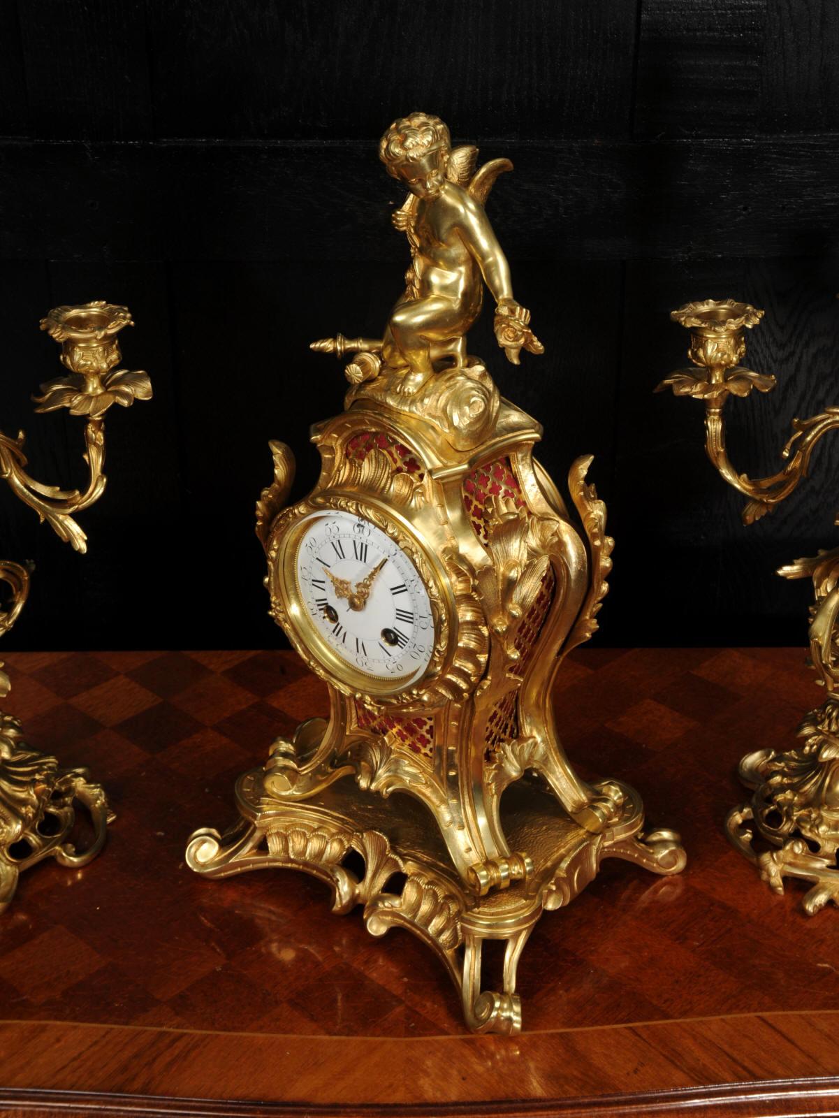 Antique French Ormolu Rococo Clock Set - Cupid For Sale 9