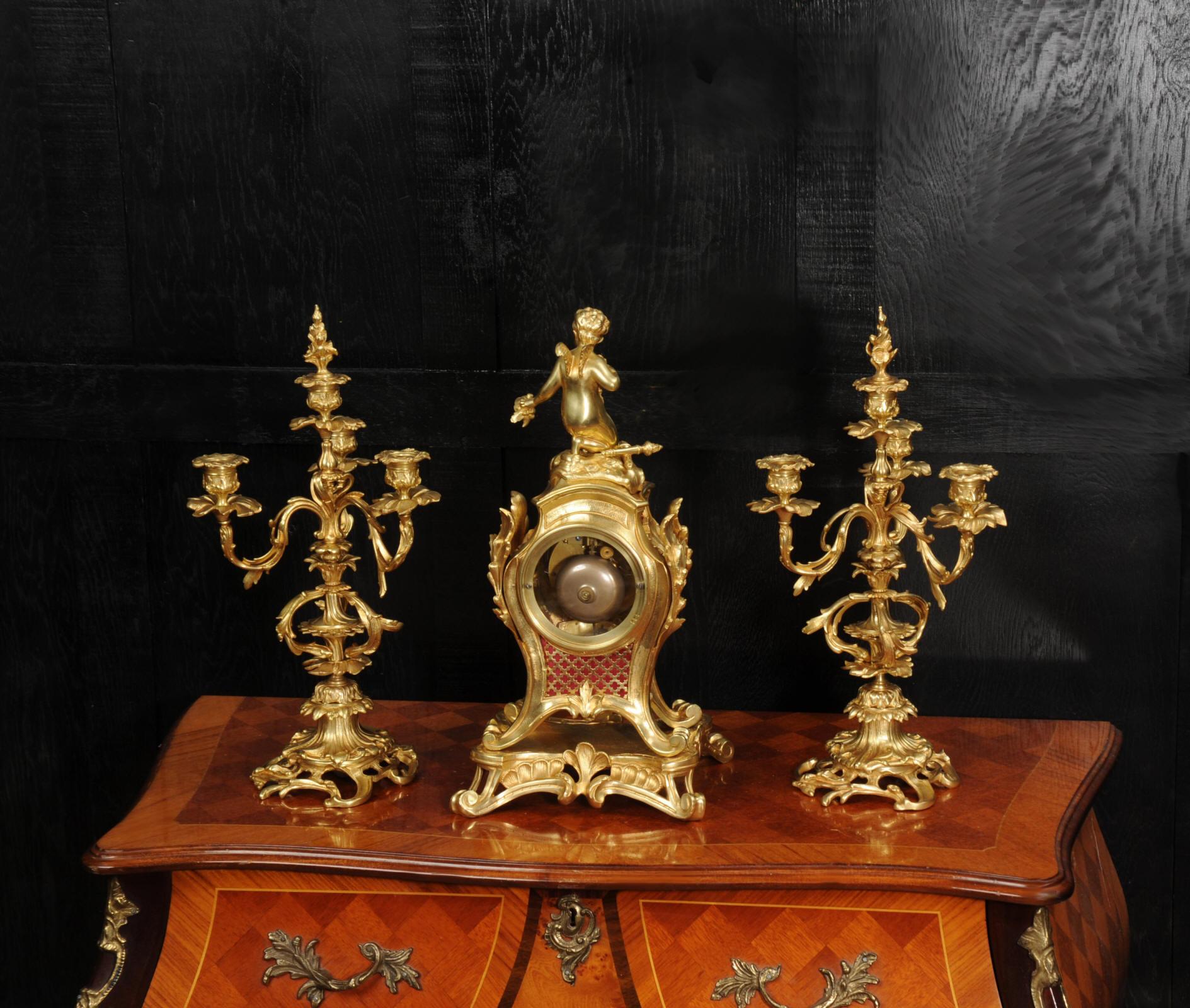 Antique French Ormolu Rococo Clock Set - Cupid For Sale 12