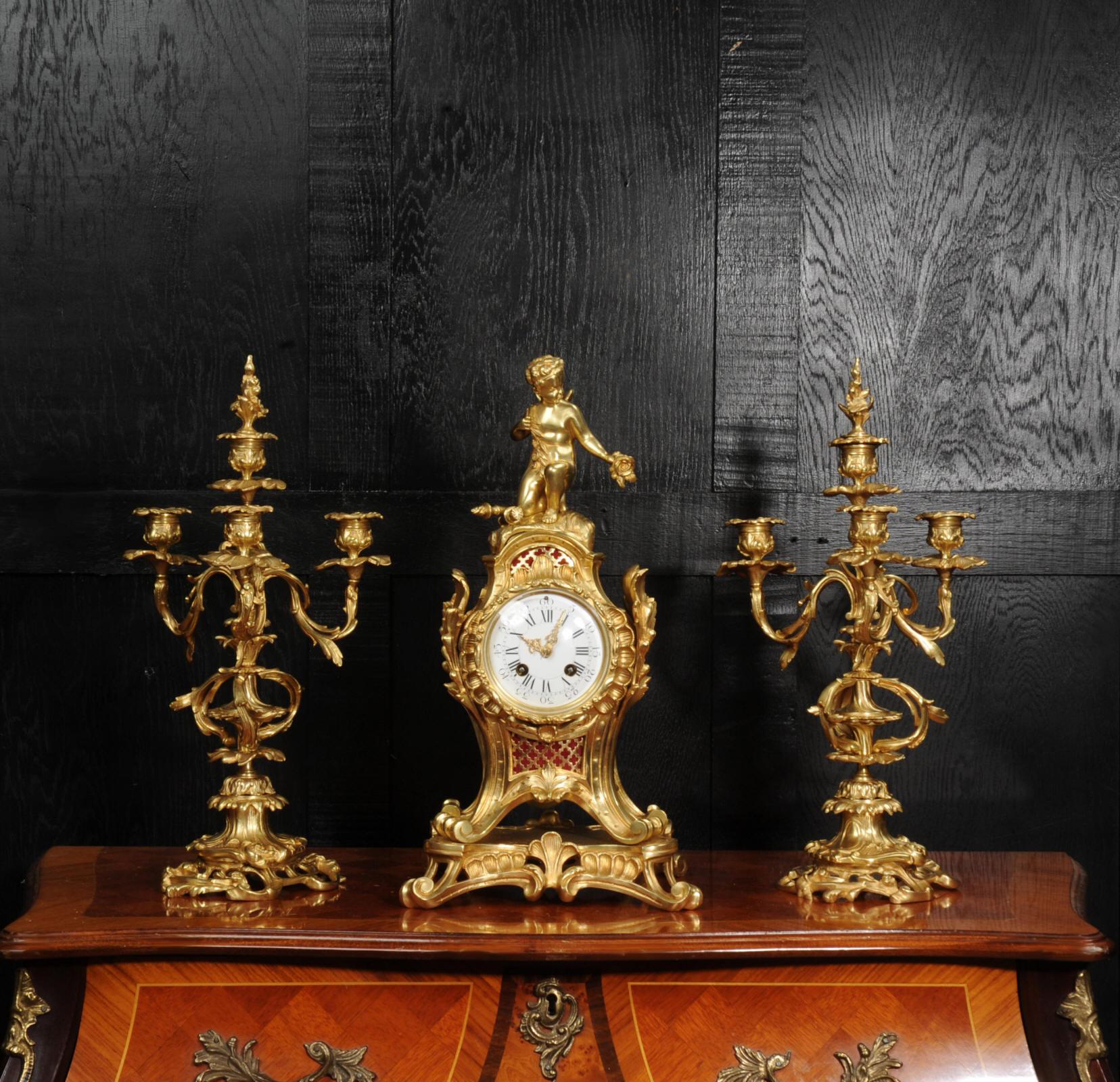 Antique French Ormolu Rococo Clock Set - Cupid In Good Condition For Sale In Belper, Derbyshire