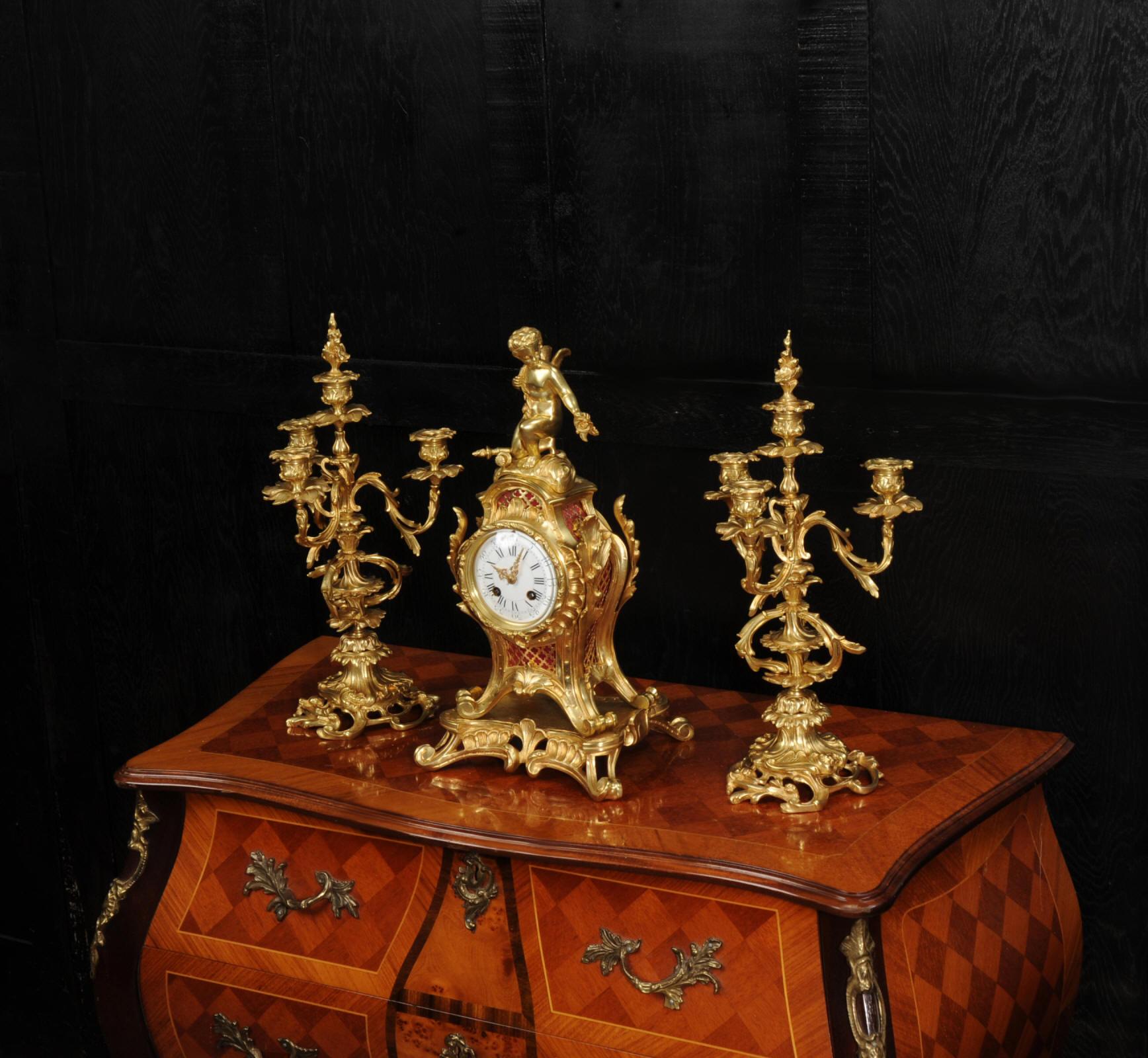 19th Century Antique French Ormolu Rococo Clock Set - Cupid For Sale
