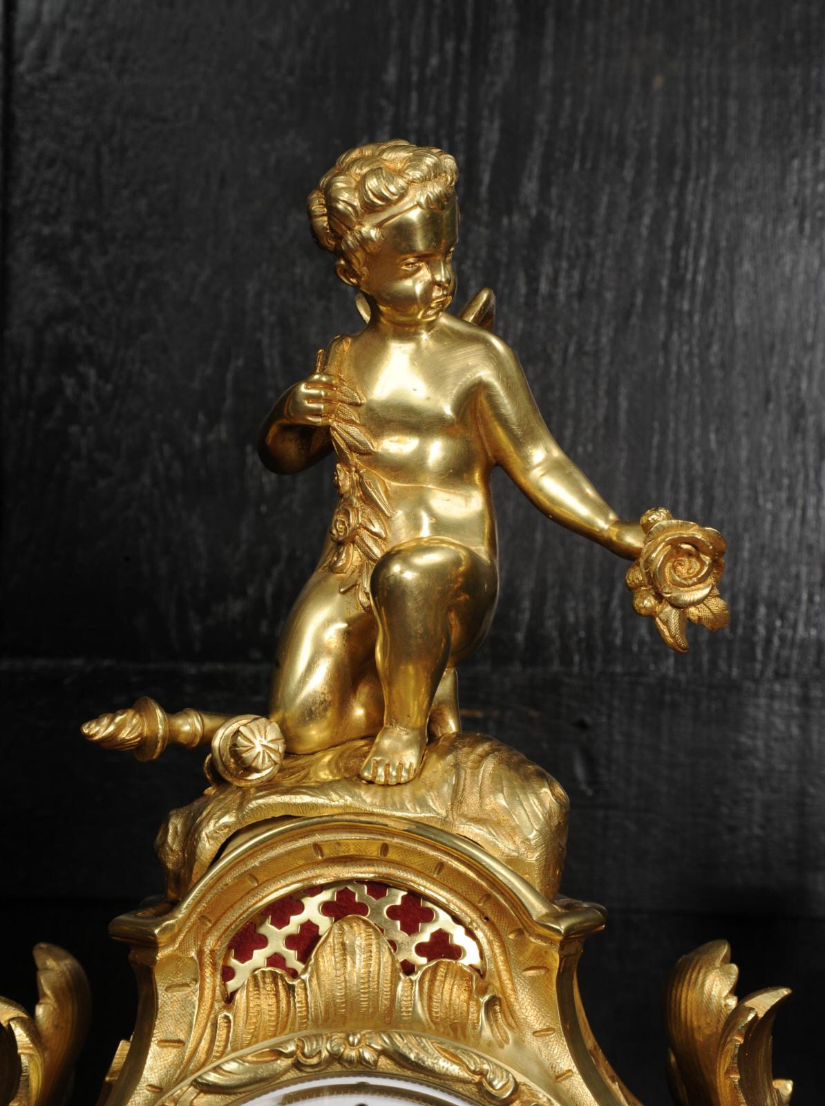 Antique French Ormolu Rococo Clock Set - Cupid For Sale 2