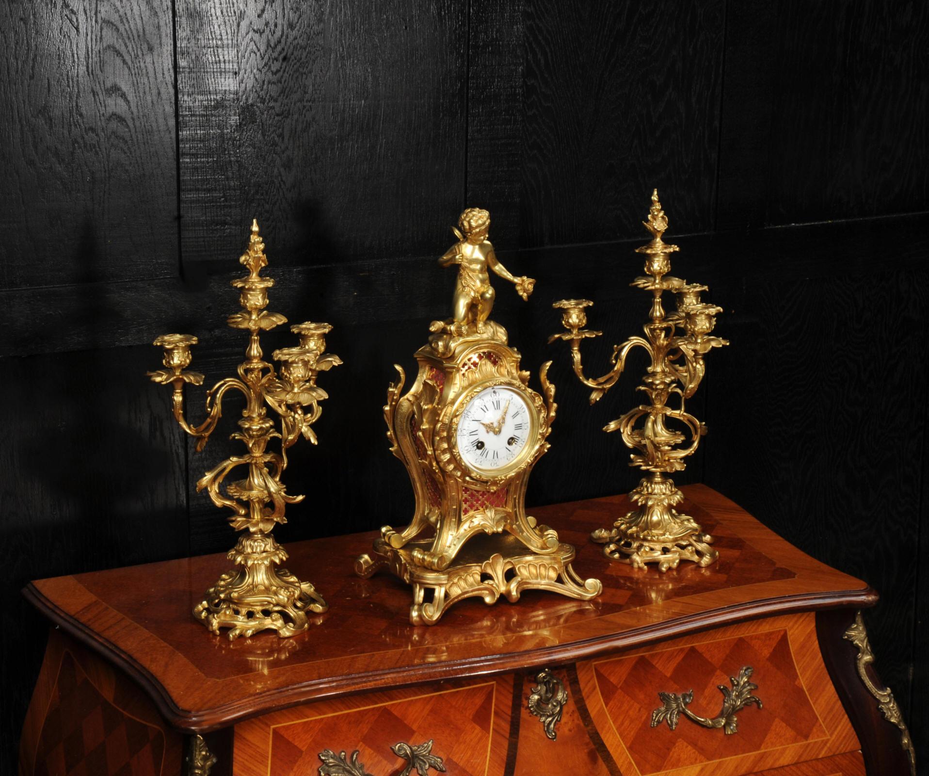 Antique French Ormolu Rococo Clock Set - Cupid For Sale 3