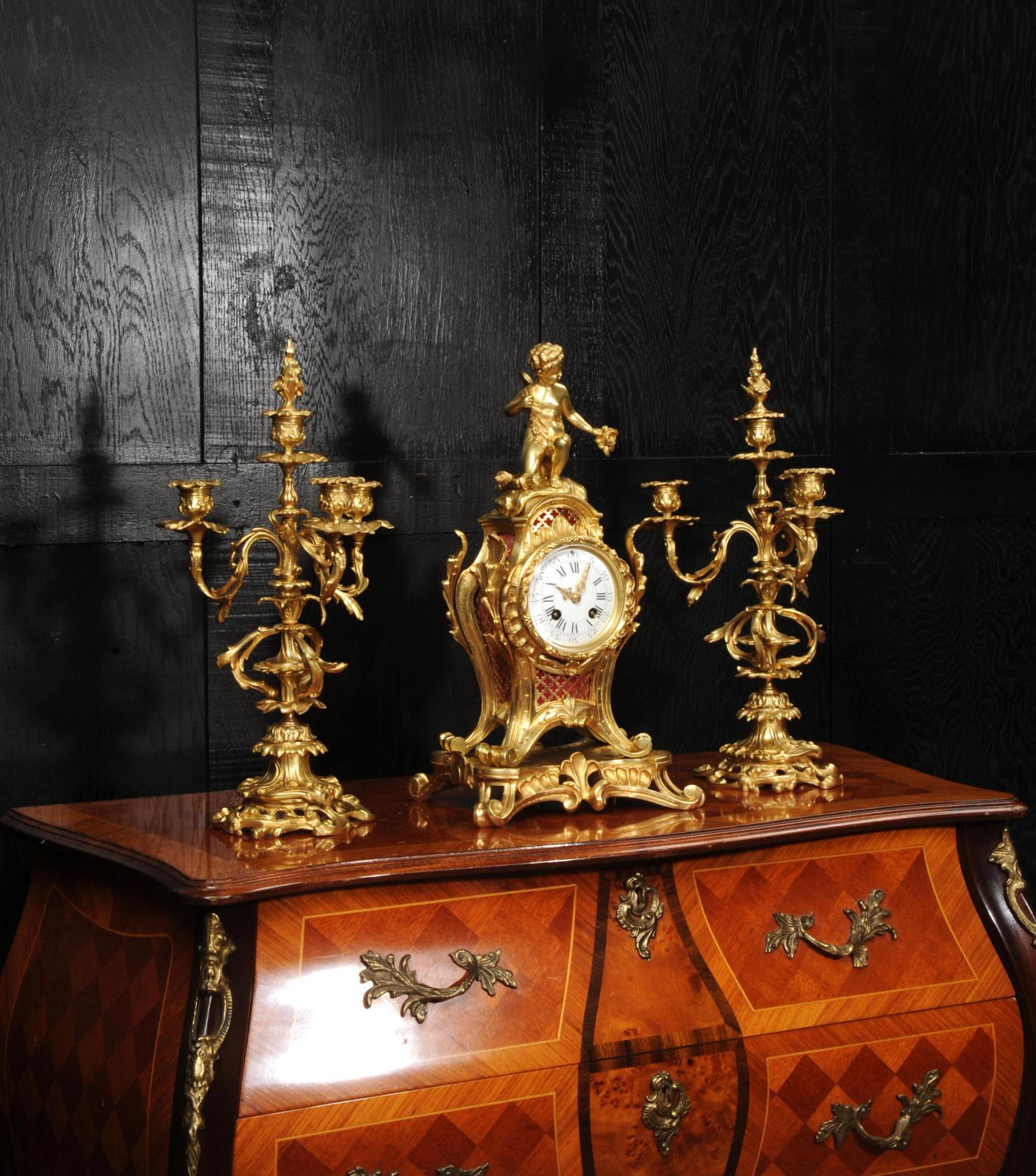 Antique French Ormolu Rococo Clock Set - Cupid For Sale 4