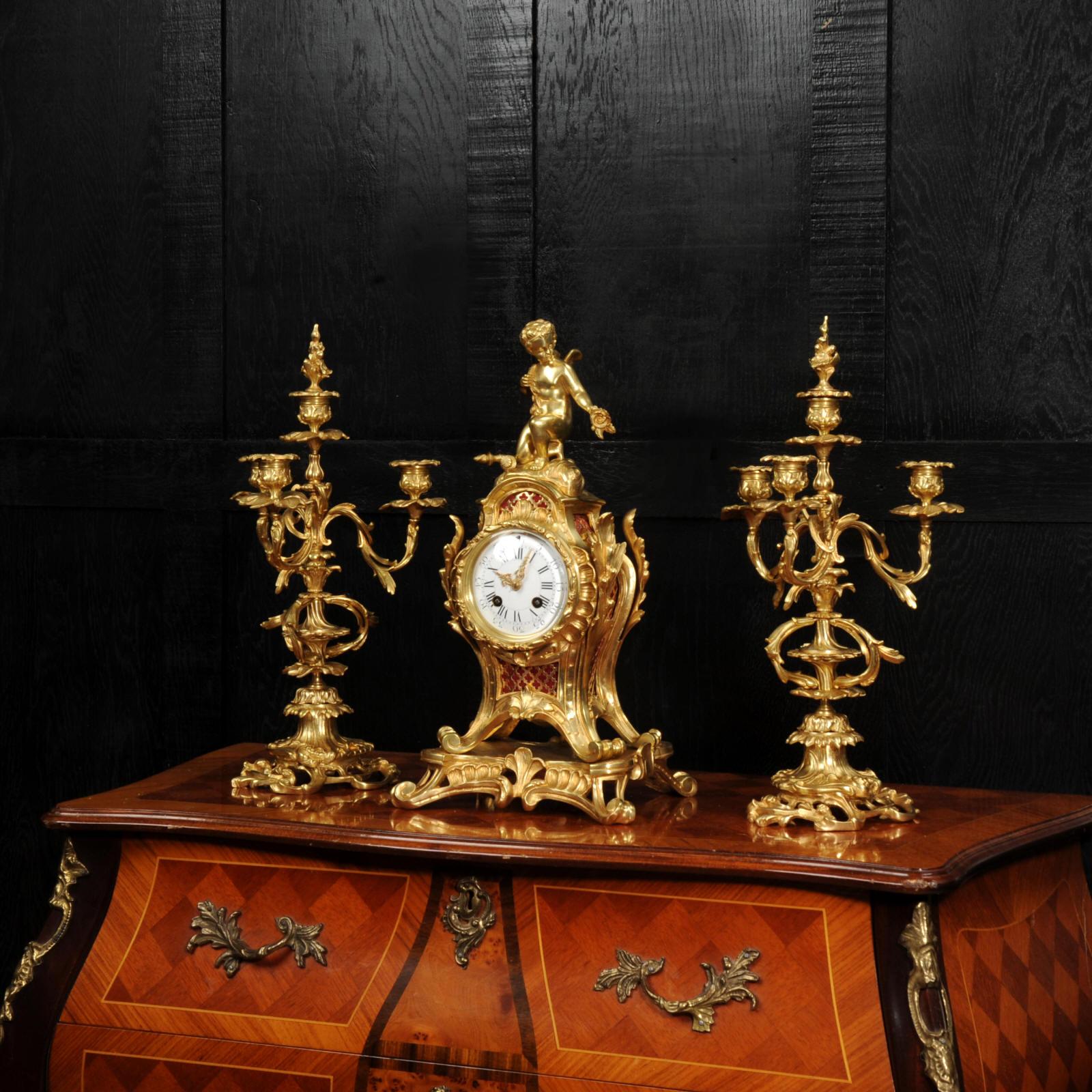 Antique French Ormolu Rococo Clock Set - Cupid For Sale 5