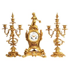 Antique French Ormolu Rococo Clock Set - Cupid