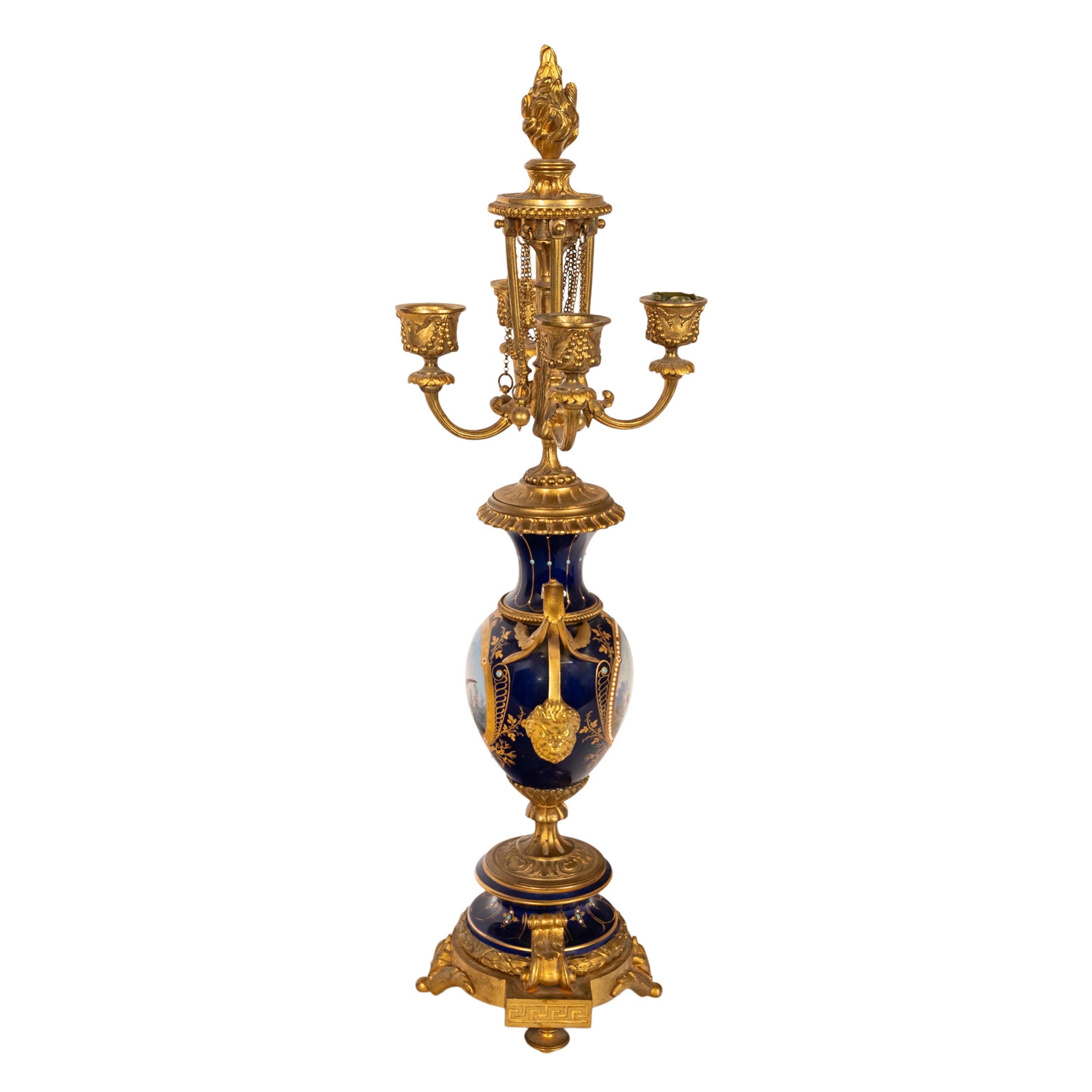 Antique French Ormolu & Sevres Porcelain 3 Piece Clock Candelabra Garniture 1870 For Sale 4