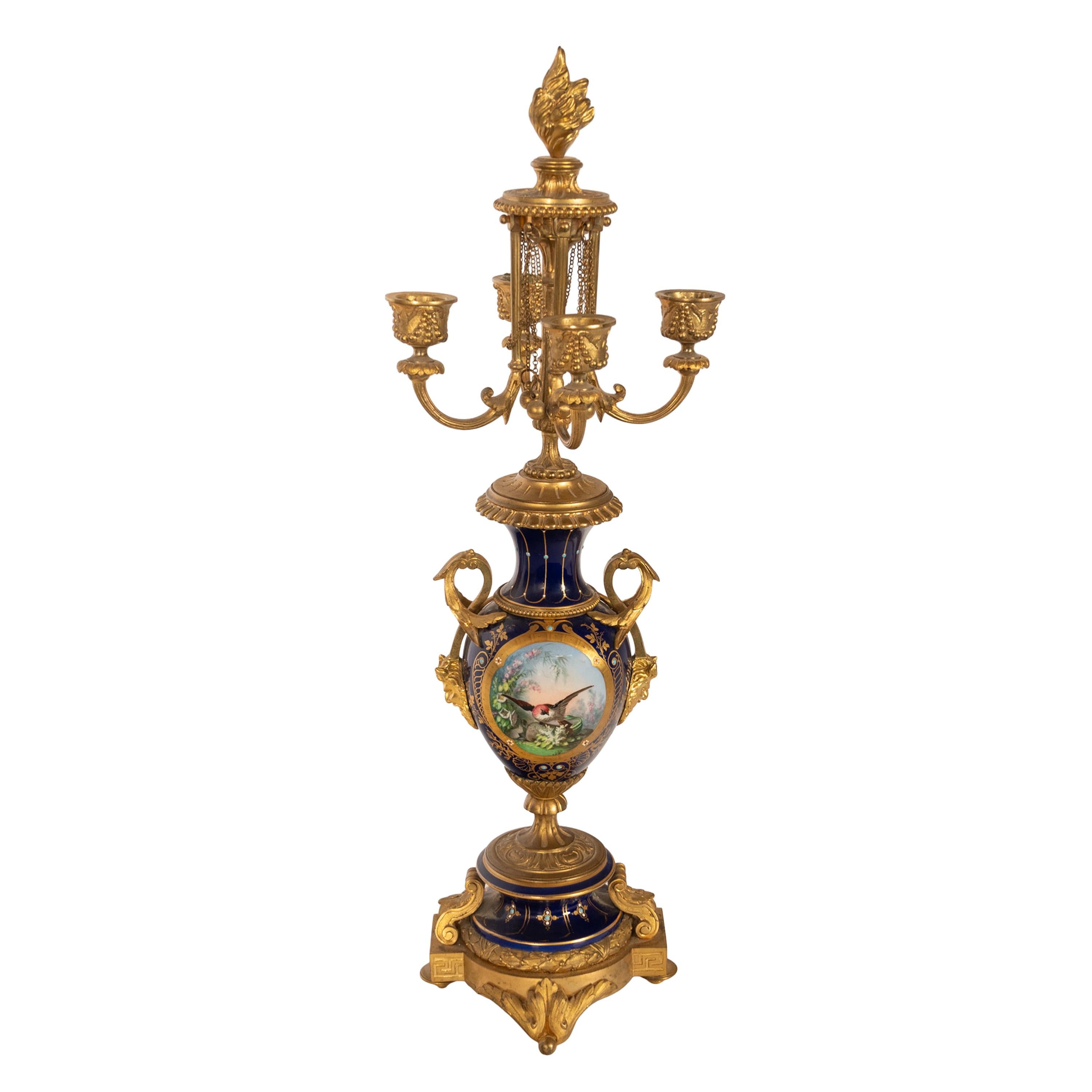 Antique French Ormolu & Sevres Porcelain 3 Piece Clock Candelabra Garniture 1870 For Sale 5
