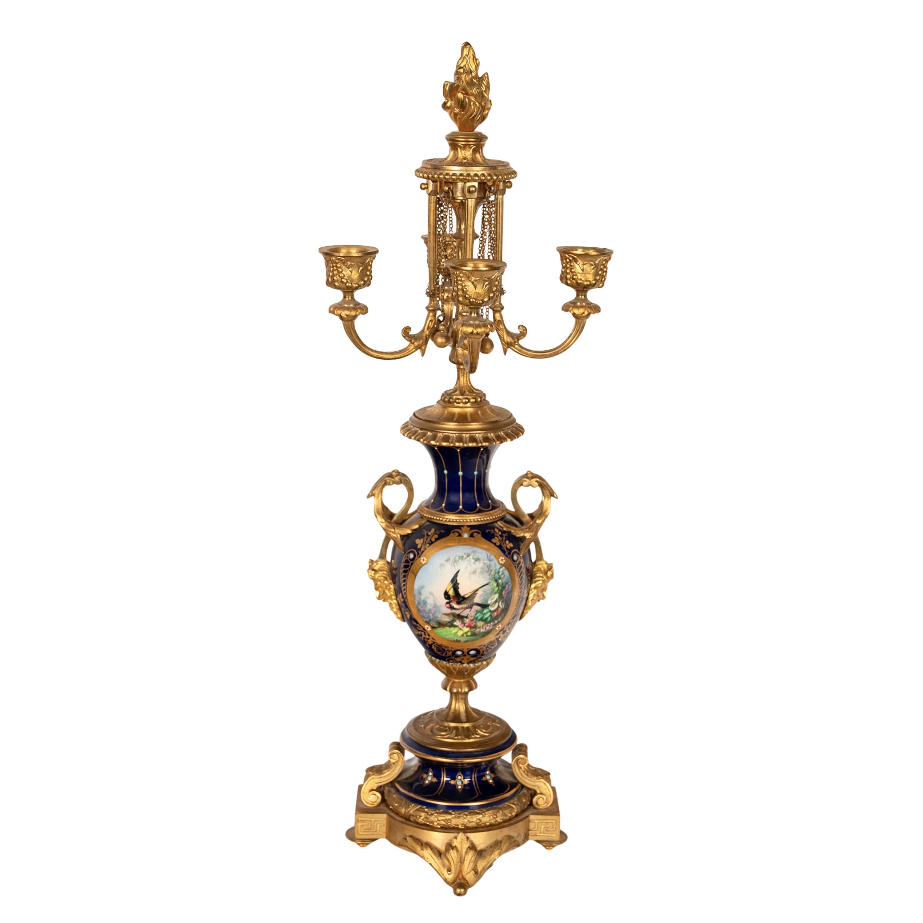 Antique French Ormolu & Sevres Porcelain 3 Piece Clock Candelabra Garniture 1870 For Sale 7