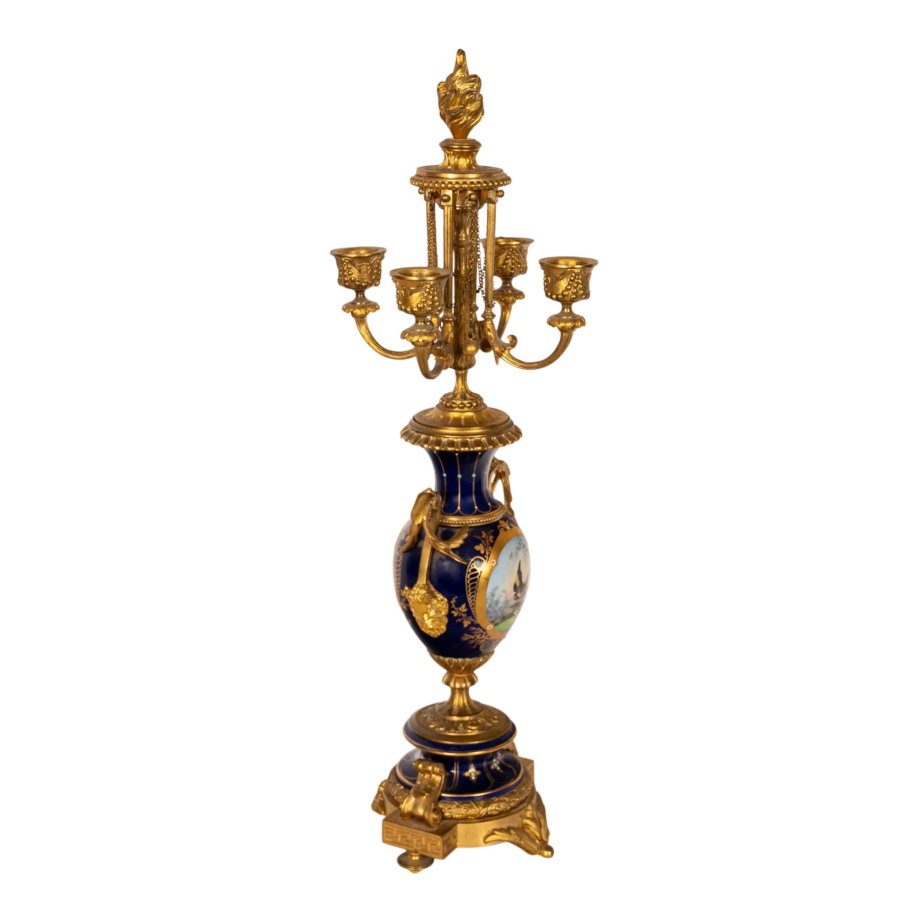 Antique French Ormolu & Sevres Porcelain 3 Piece Clock Candelabra Garniture 1870 For Sale 8