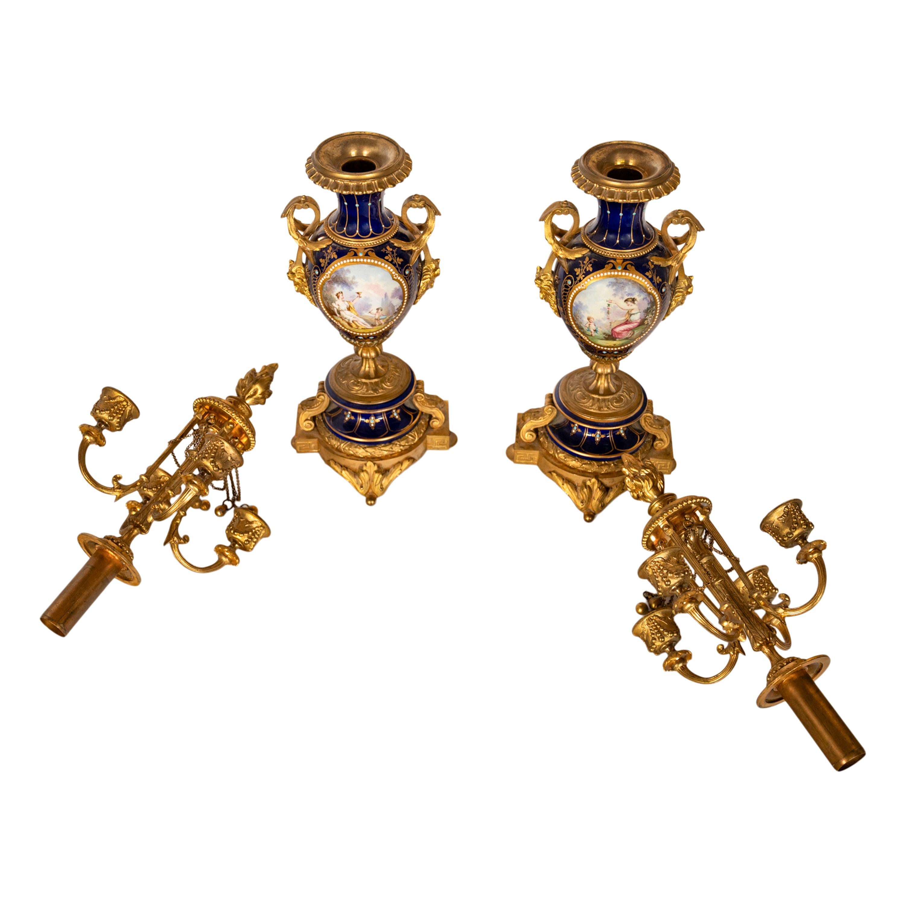 Antique French Ormolu & Sevres Porcelain 3 Piece Clock Candelabra Garniture 1870 For Sale 10