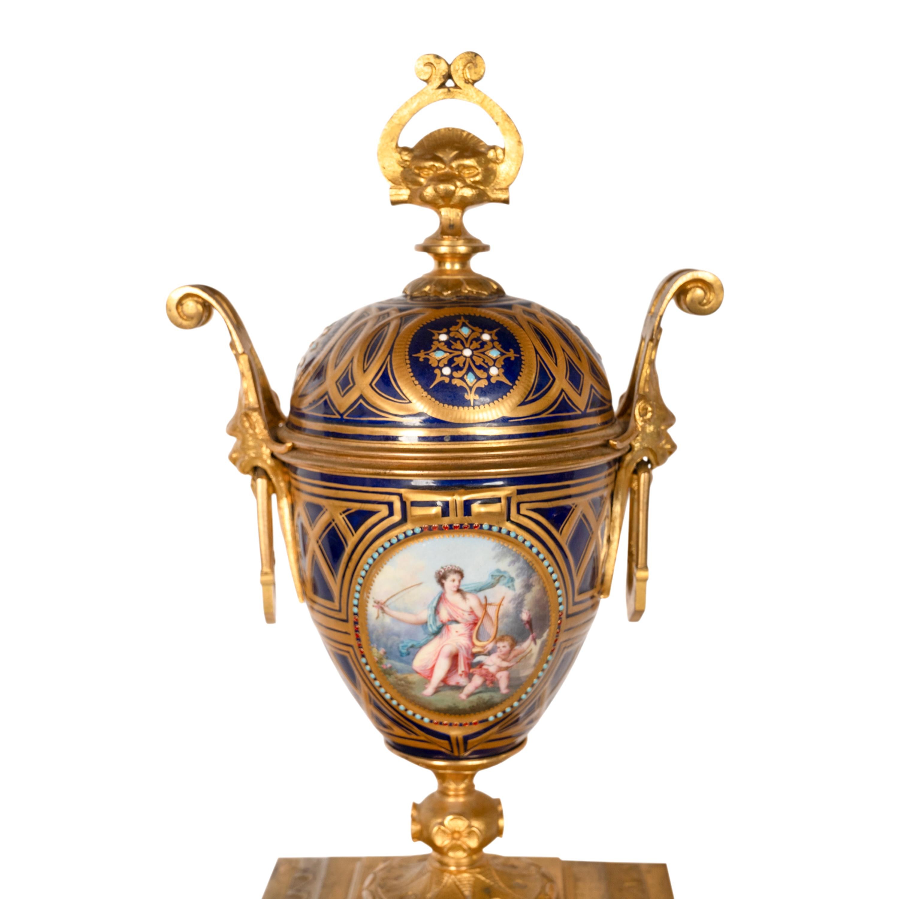 Antique French Ormolu & Sevres Porcelain 3 Piece Clock Candelabra Garniture 1870 For Sale 11