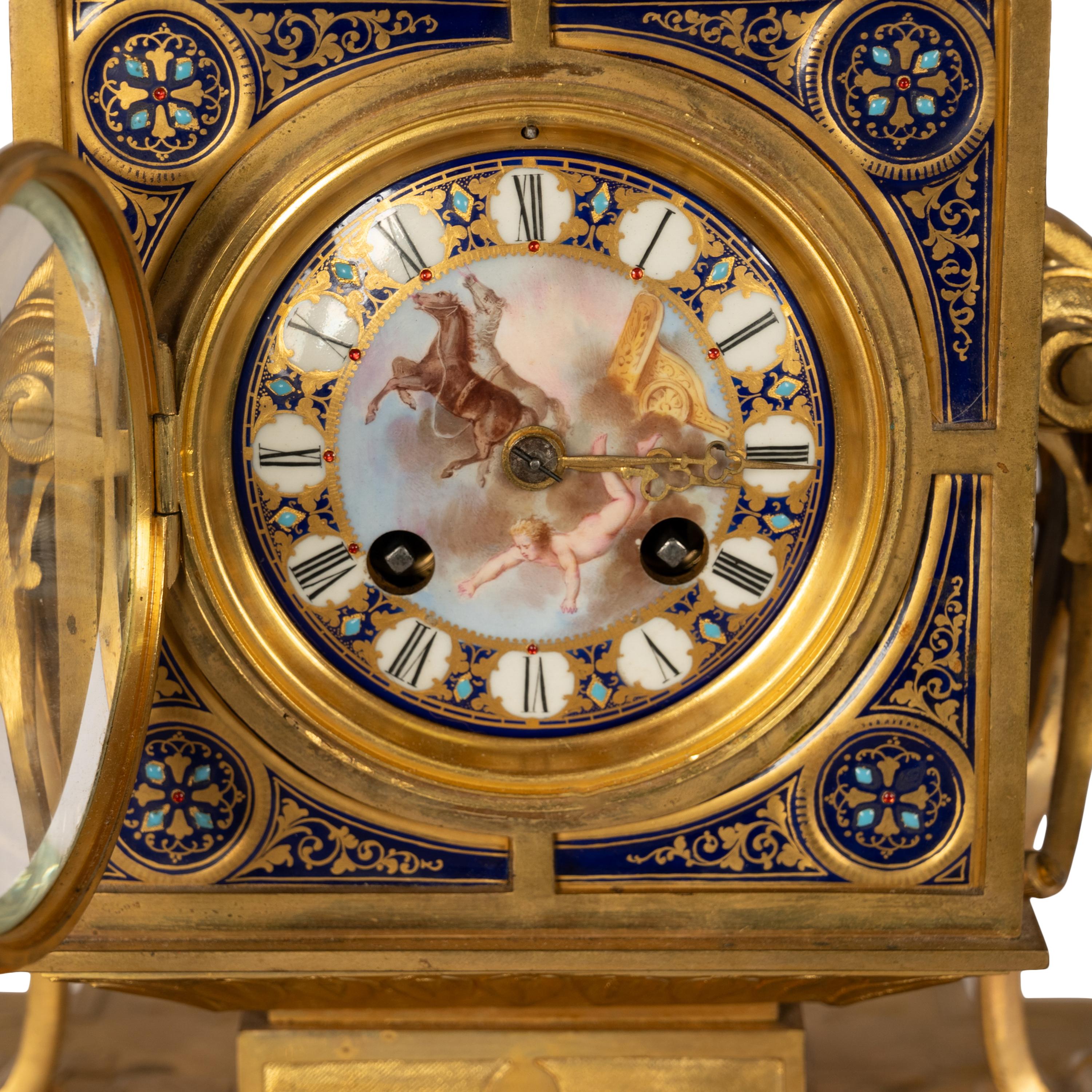 Antique French Ormolu & Sevres Porcelain 3 Piece Clock Candelabra Garniture 1870 For Sale 12