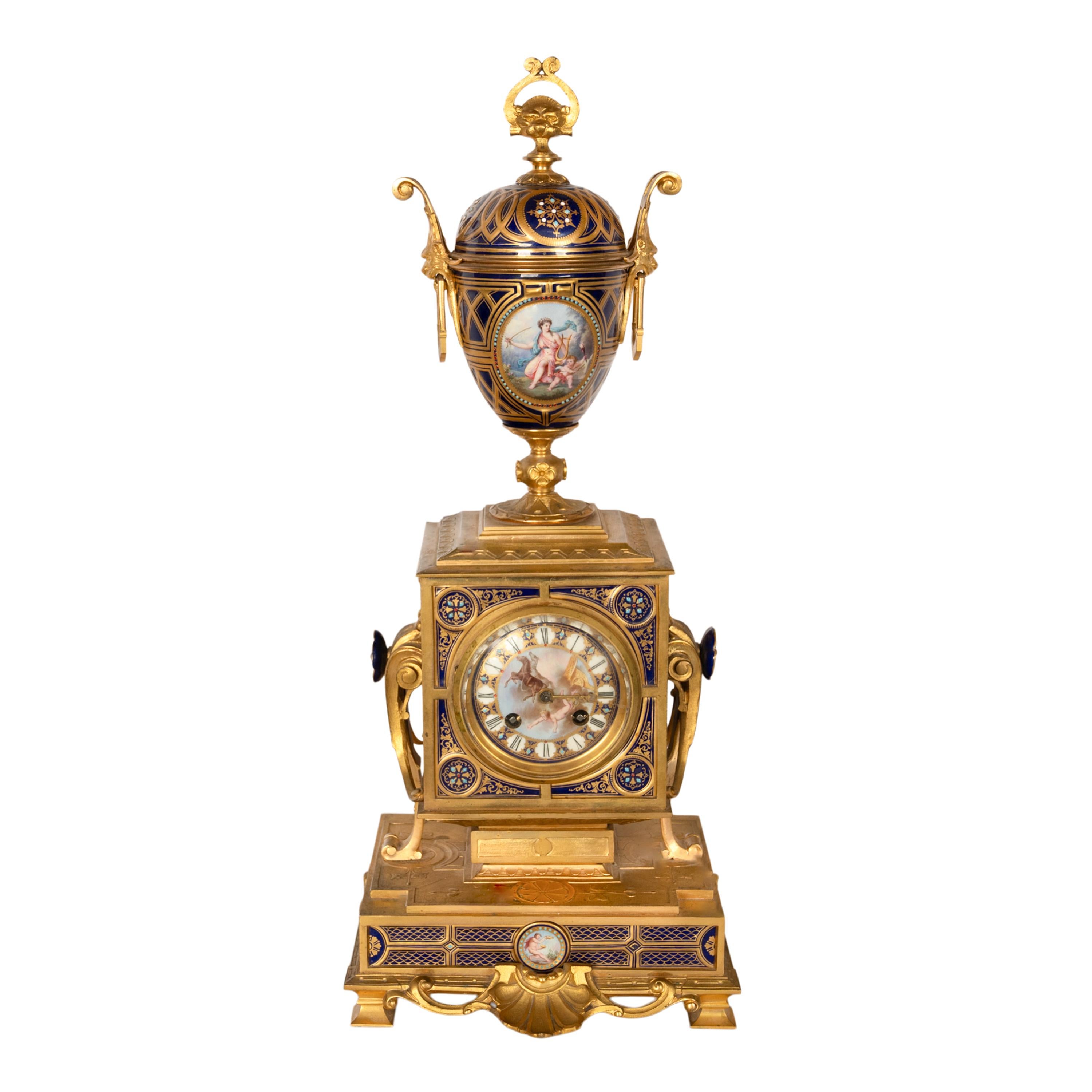 Belle Époque Antique French Ormolu & Sevres Porcelain 3 Piece Clock Candelabra Garniture 1870 For Sale