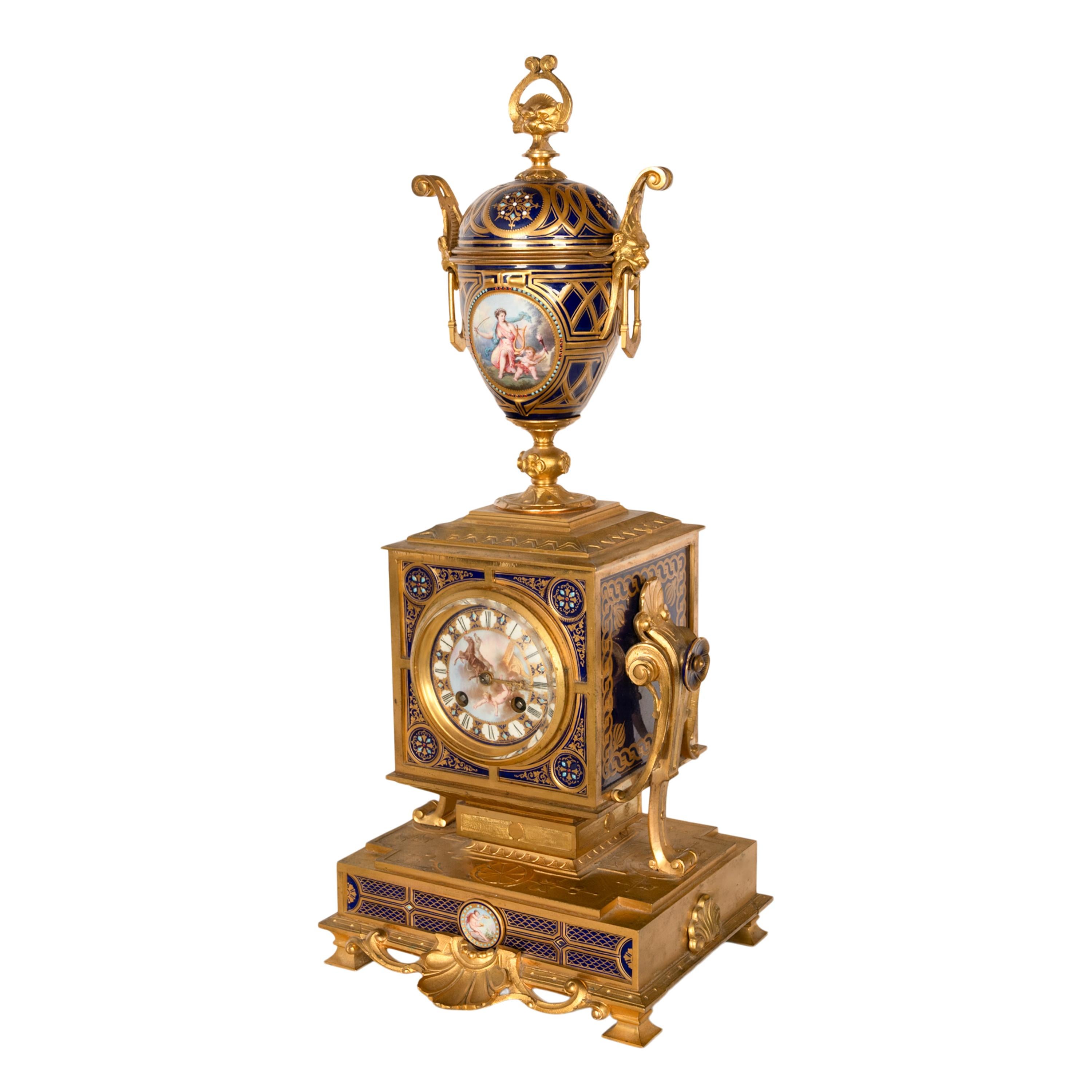 Enameled Antique French Ormolu & Sevres Porcelain 3 Piece Clock Candelabra Garniture 1870 For Sale