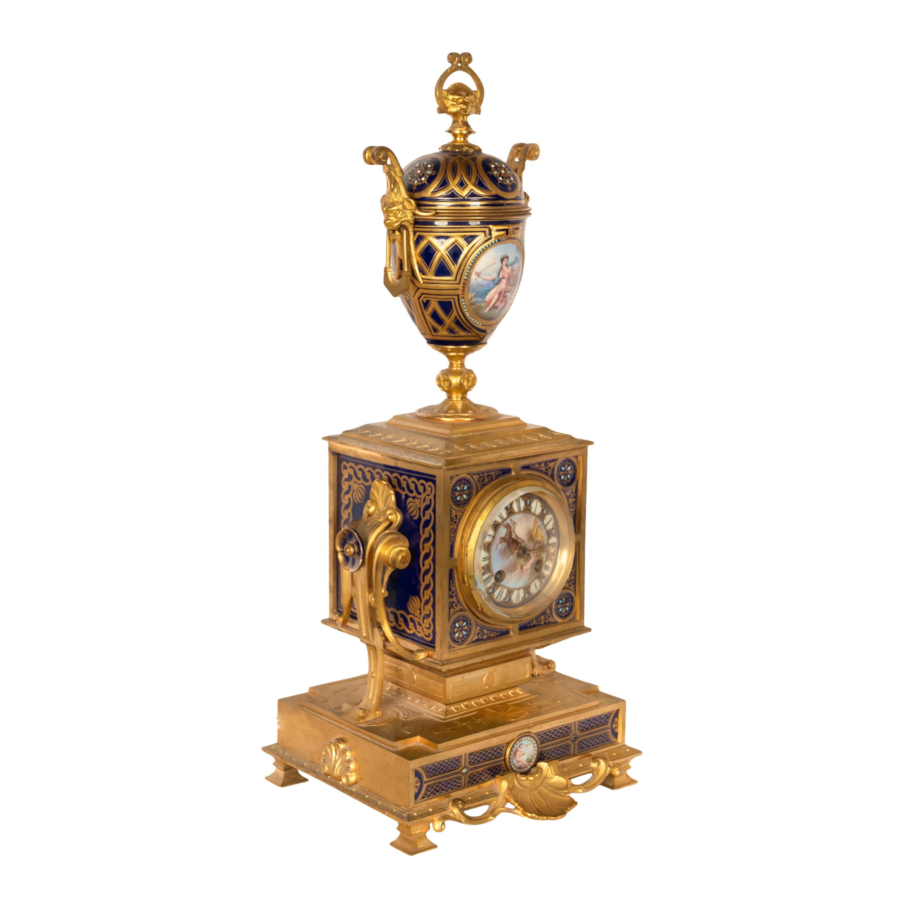Late 19th Century Antique French Ormolu & Sevres Porcelain 3 Piece Clock Candelabra Garniture 1870 For Sale