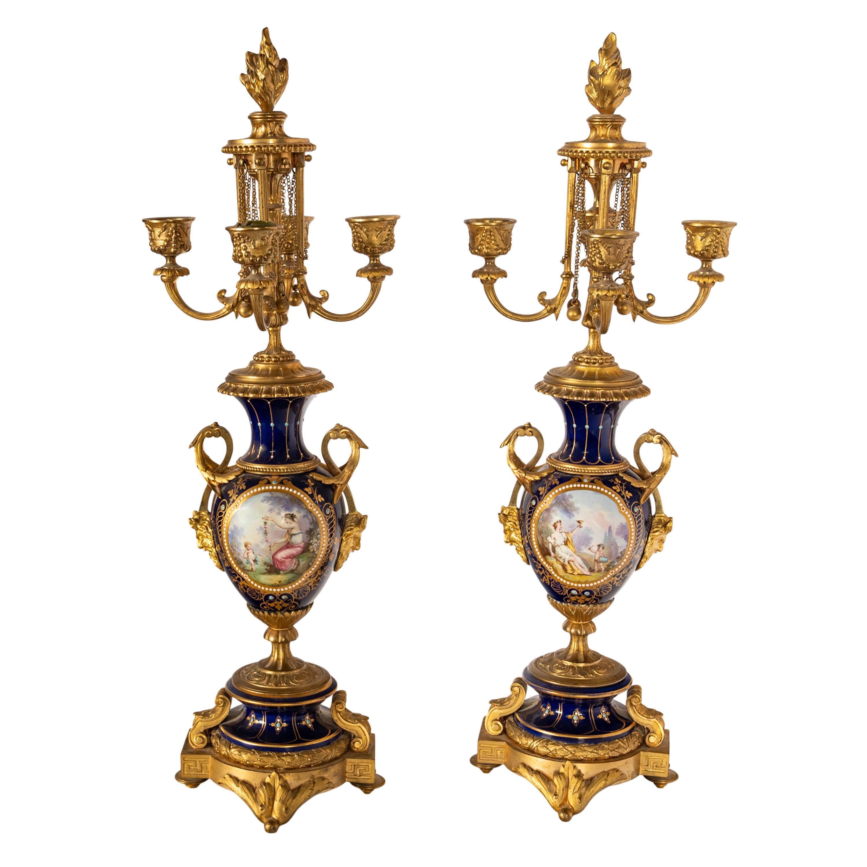 Antique French Ormolu & Sevres Porcelain 3 Piece Clock Candelabra Garniture 1870 For Sale 2
