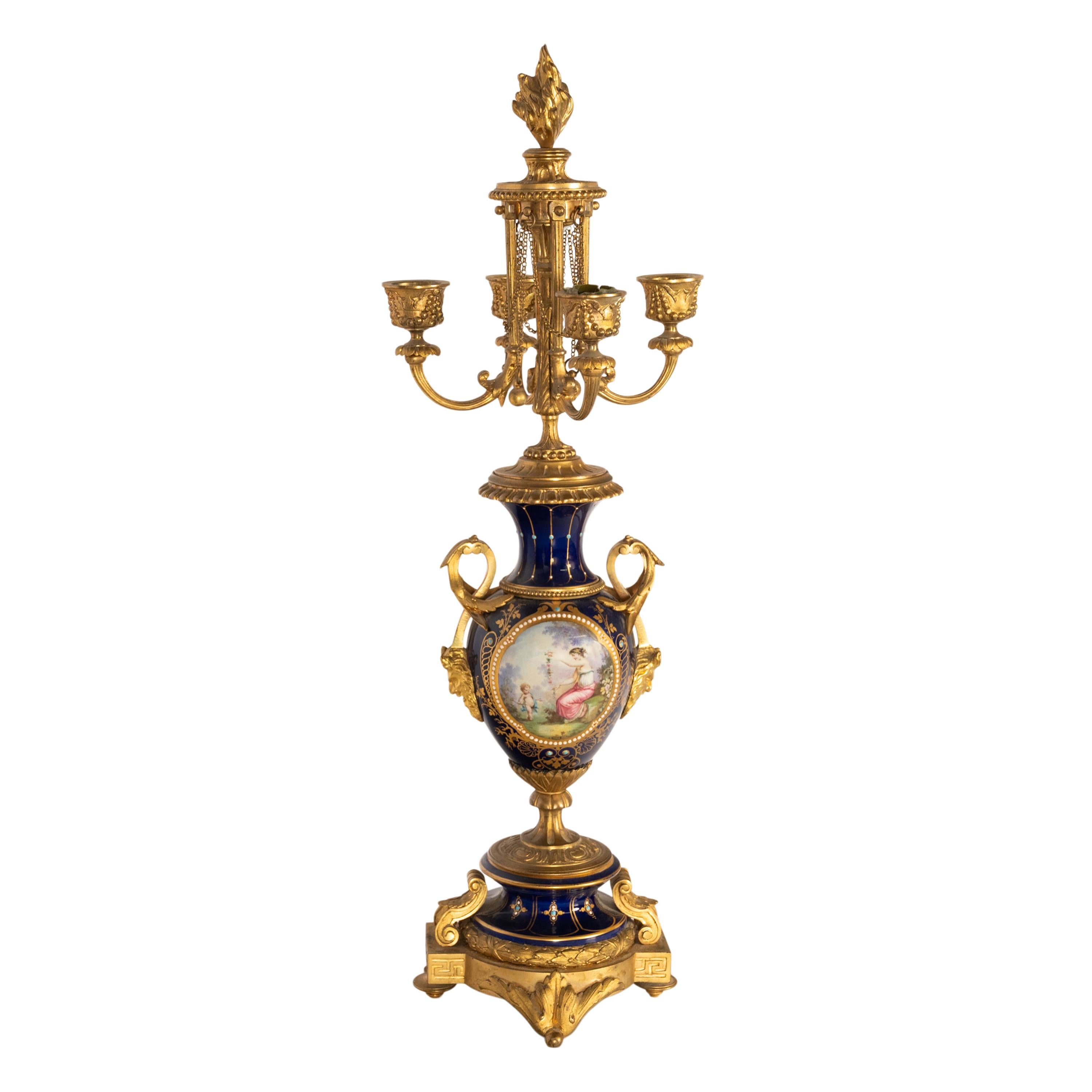Antique French Ormolu & Sevres Porcelain 3 Piece Clock Candelabra Garniture 1870 For Sale 3