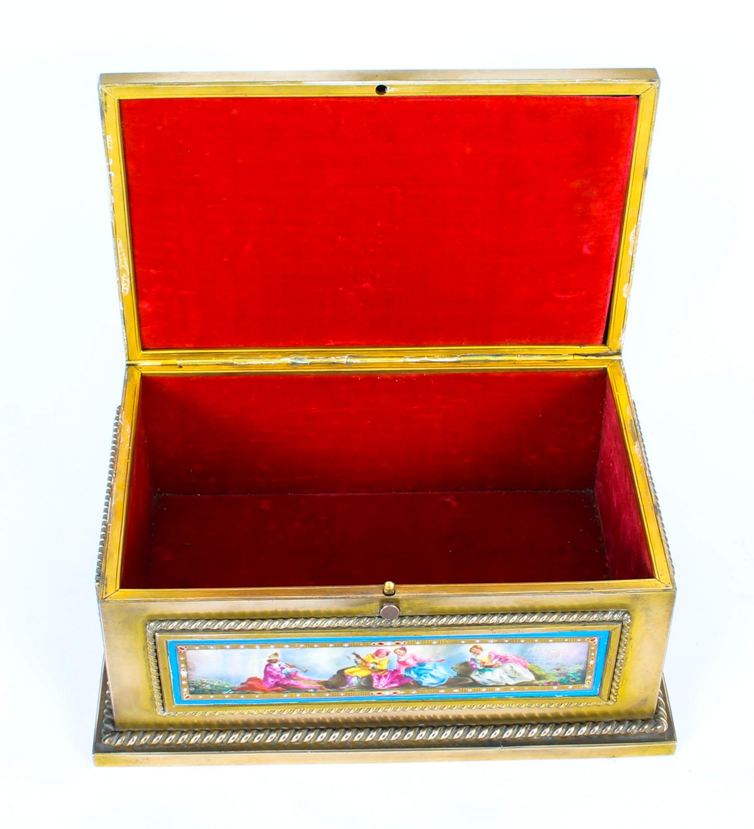 This is a fabulous antique French Ormolu jewelry casket with inset Sèvres Porcelain panels, circa 1880 in date.

This magnificent casket is rectangular in shape with a decorative inset Sèvres Porcelain panel on top and on each side. These panels