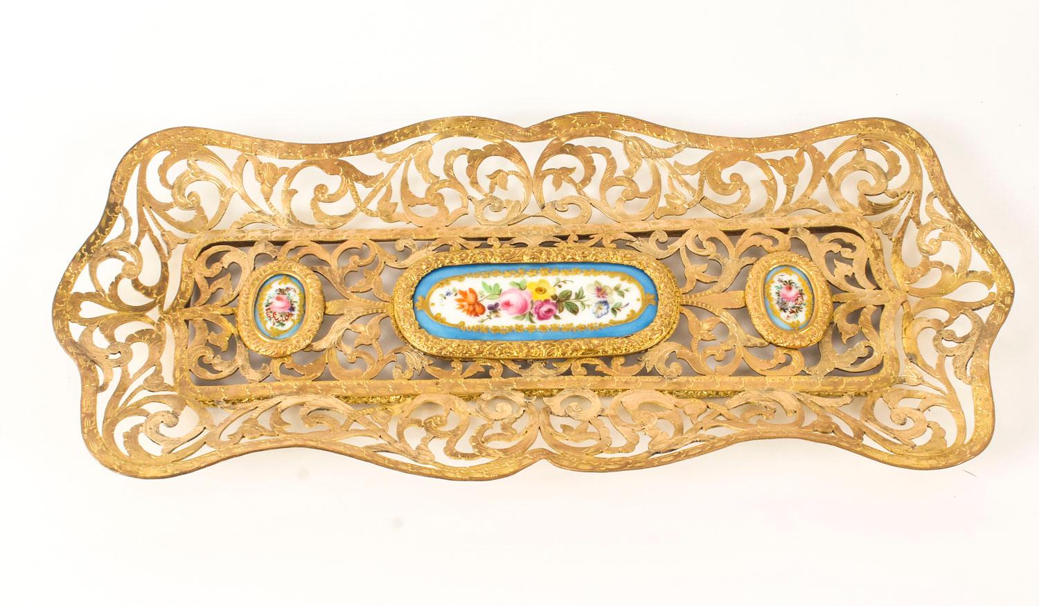 Antique French Ormolu & Sevres Porcelain Pen Tray, 19th Century 2
