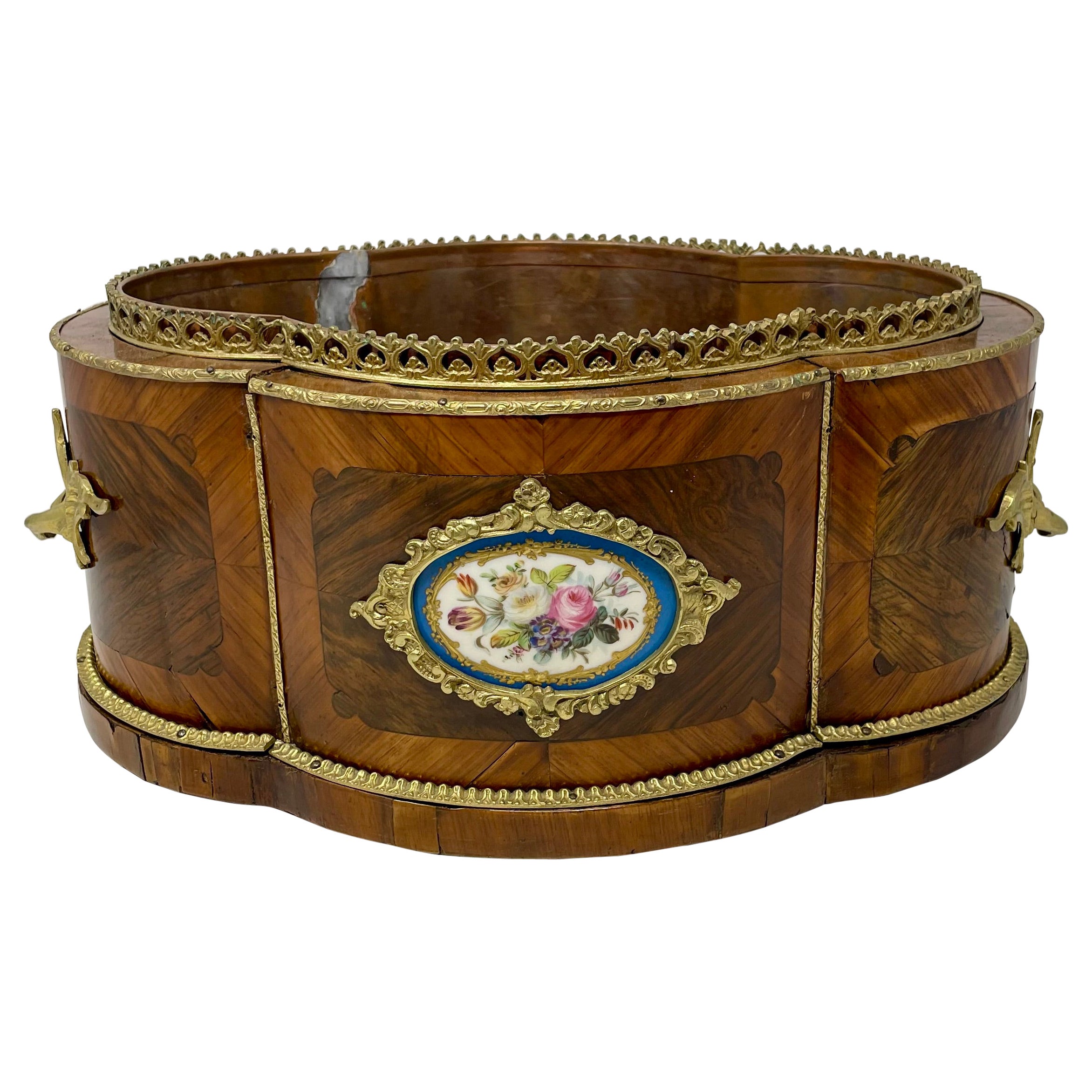 Antique French Ormolu & Sèvres Porcelain Satinwood Inlaid Jardinière, Circa 1880